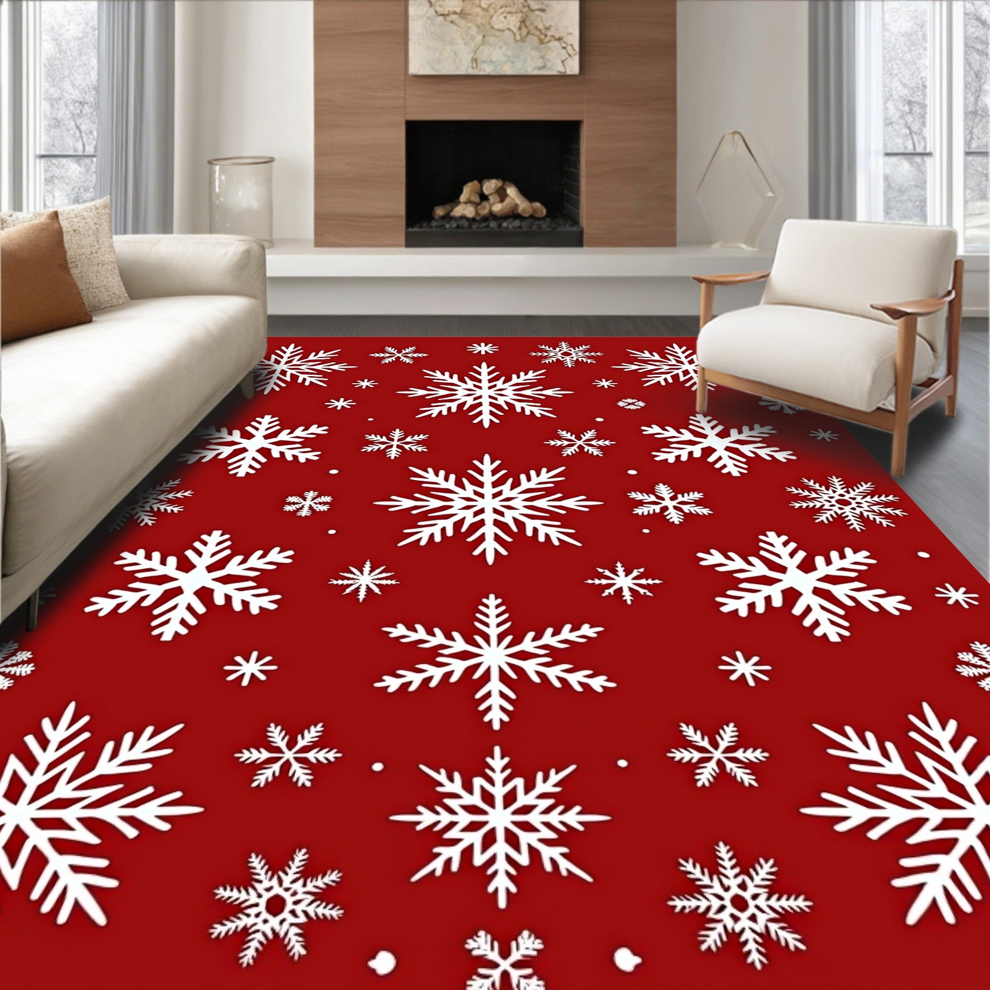 White Snowflakes on Red Background Rug