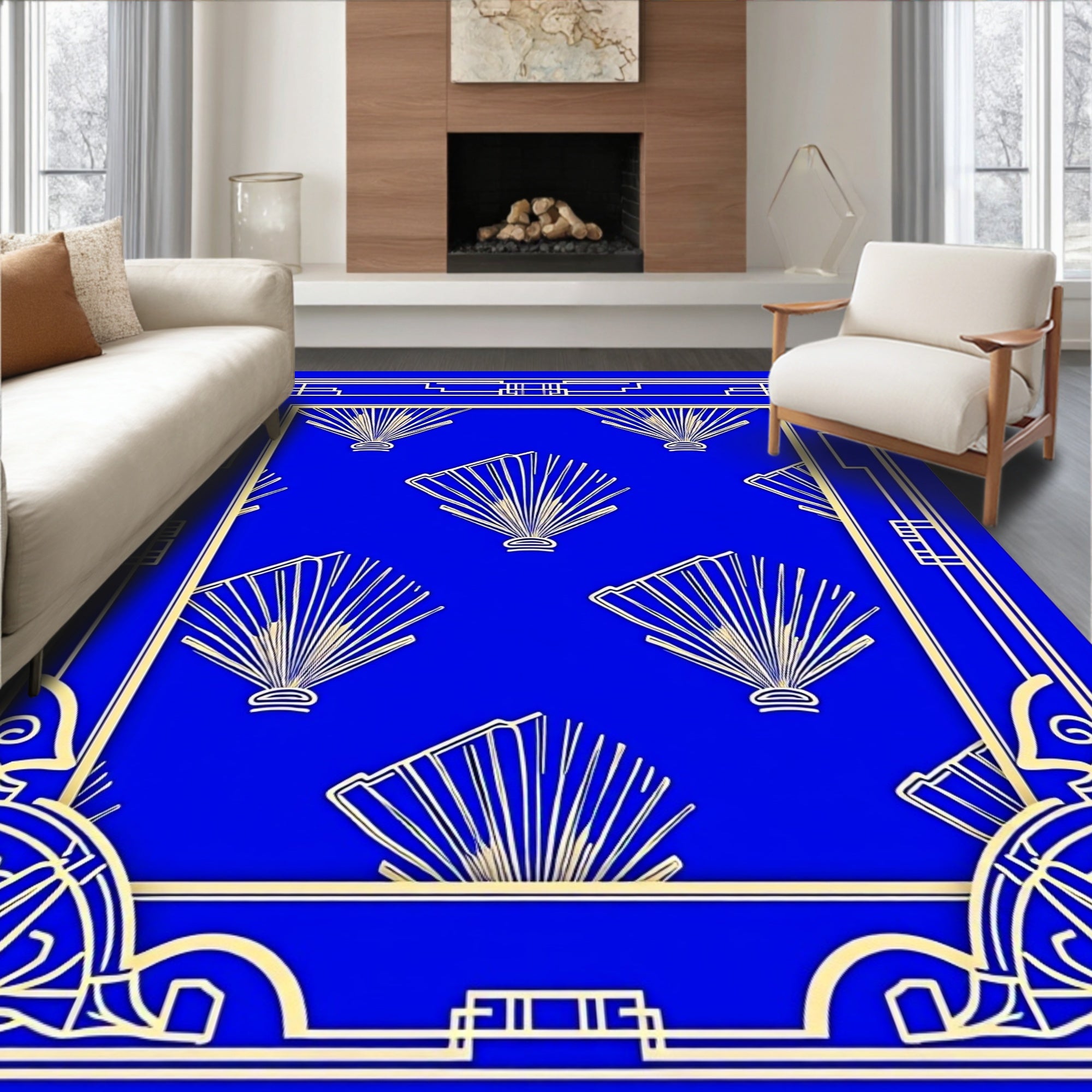 Art Deco Blue Fan Pattern Rug