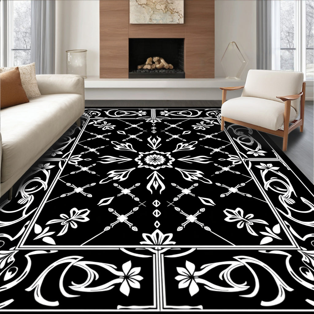 Black White Floral Damask Pattern Rug