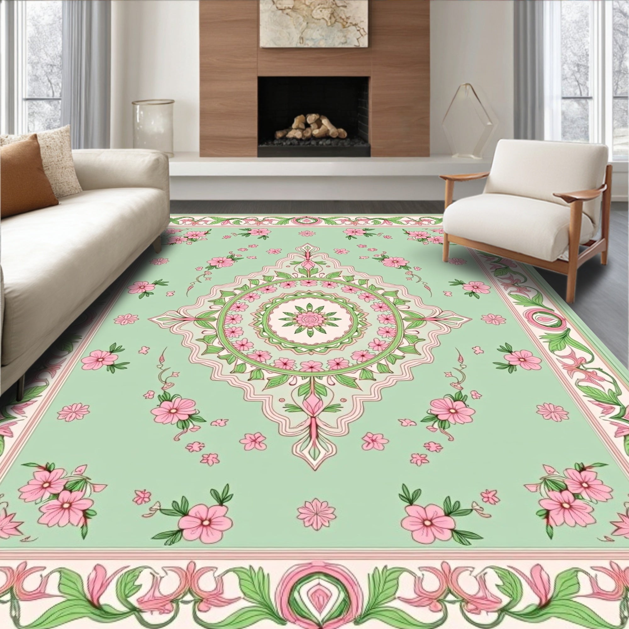 Pastel Pink Green Floral Mandala Design Rug