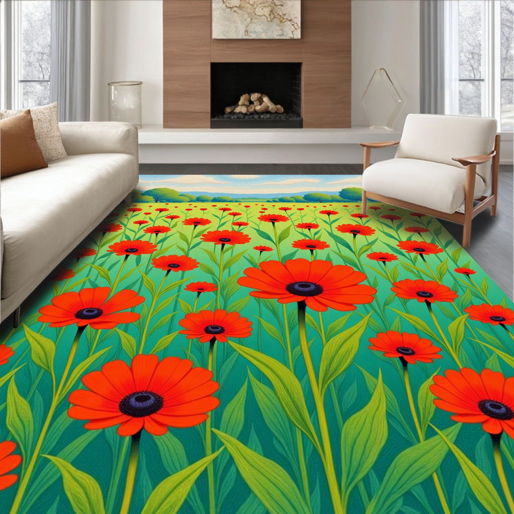 Vibrant Red Floral Field Pattern Rug