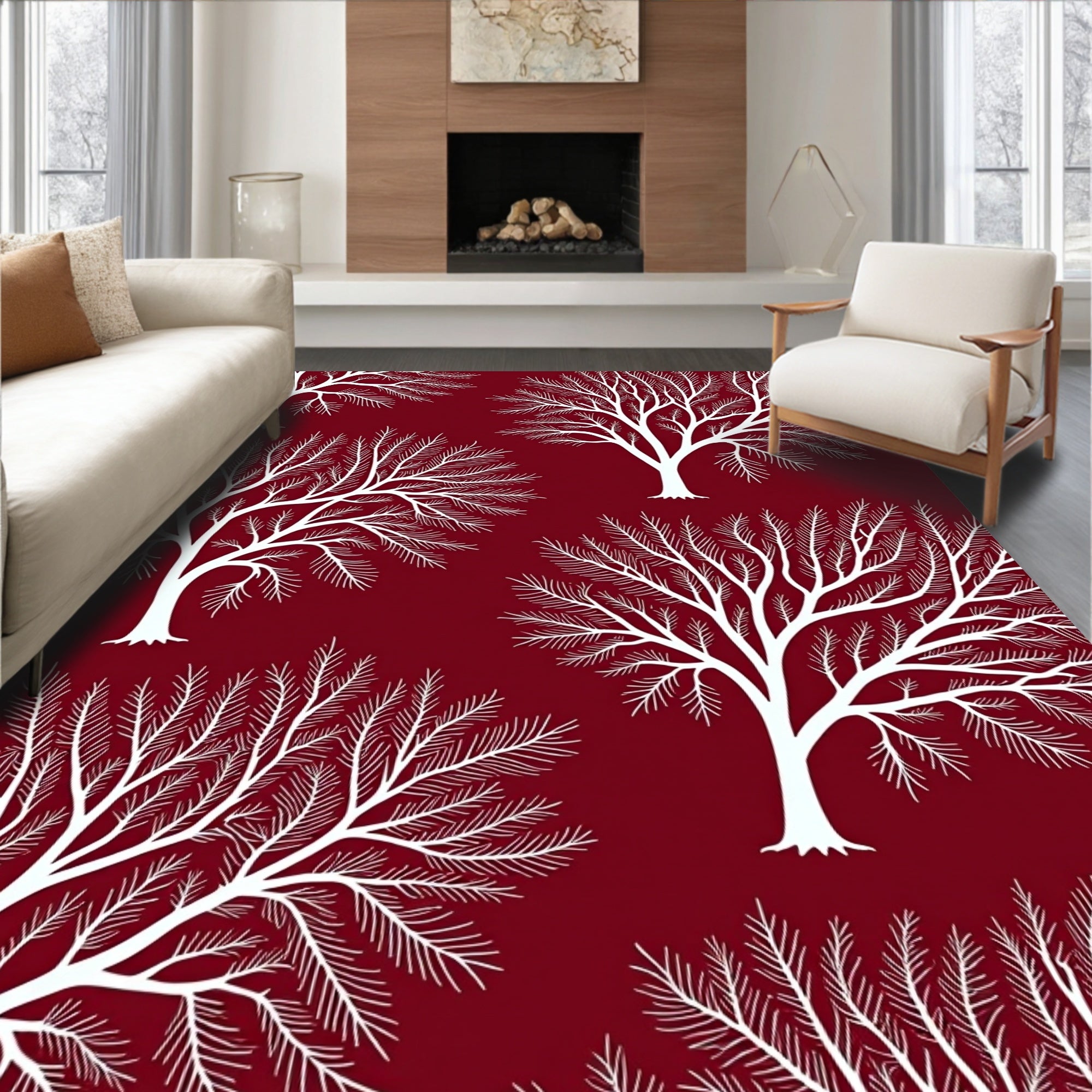 Vivid White Stylized Trees Design Rug
