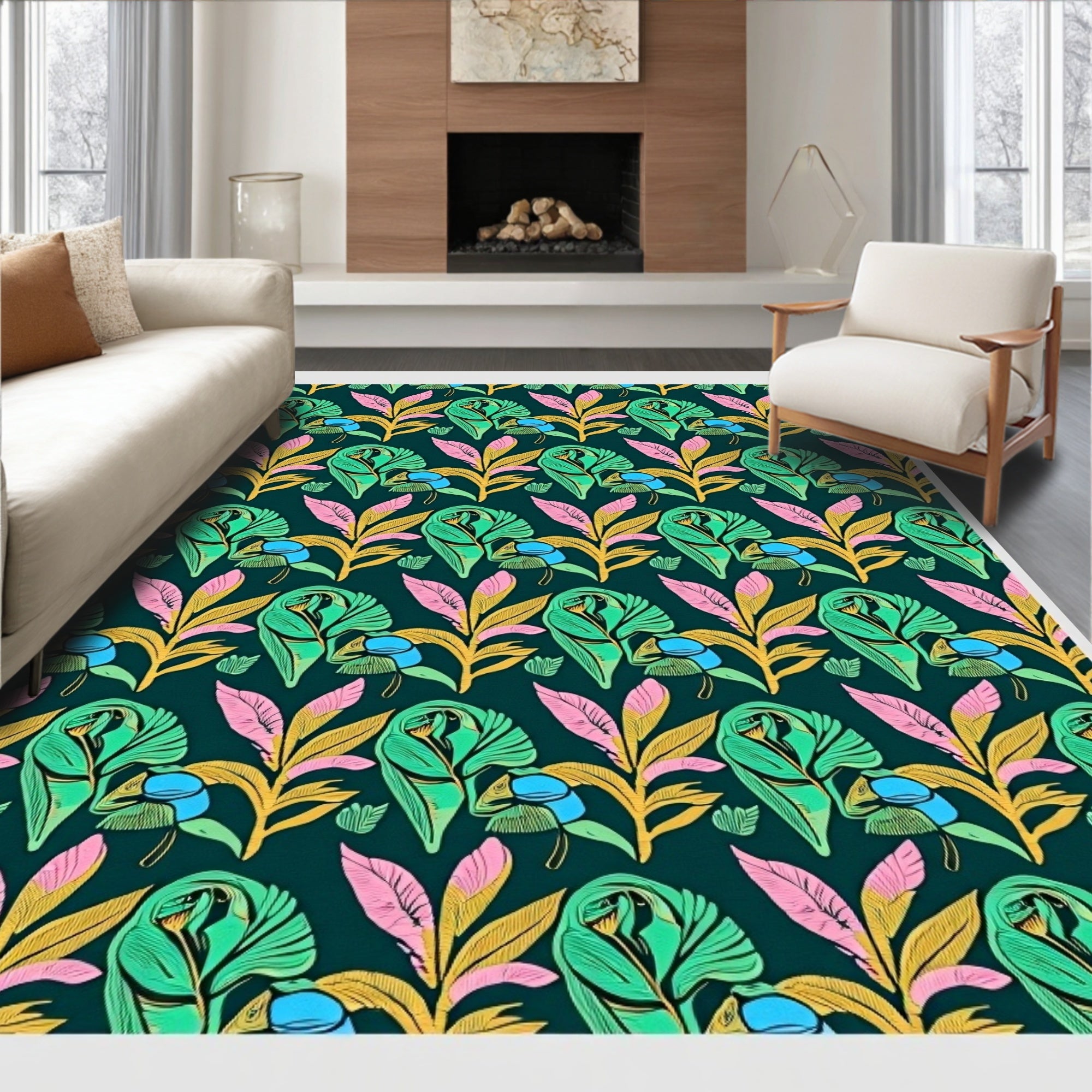Tropical Green Pink Yellow Foliage Repeat Rug