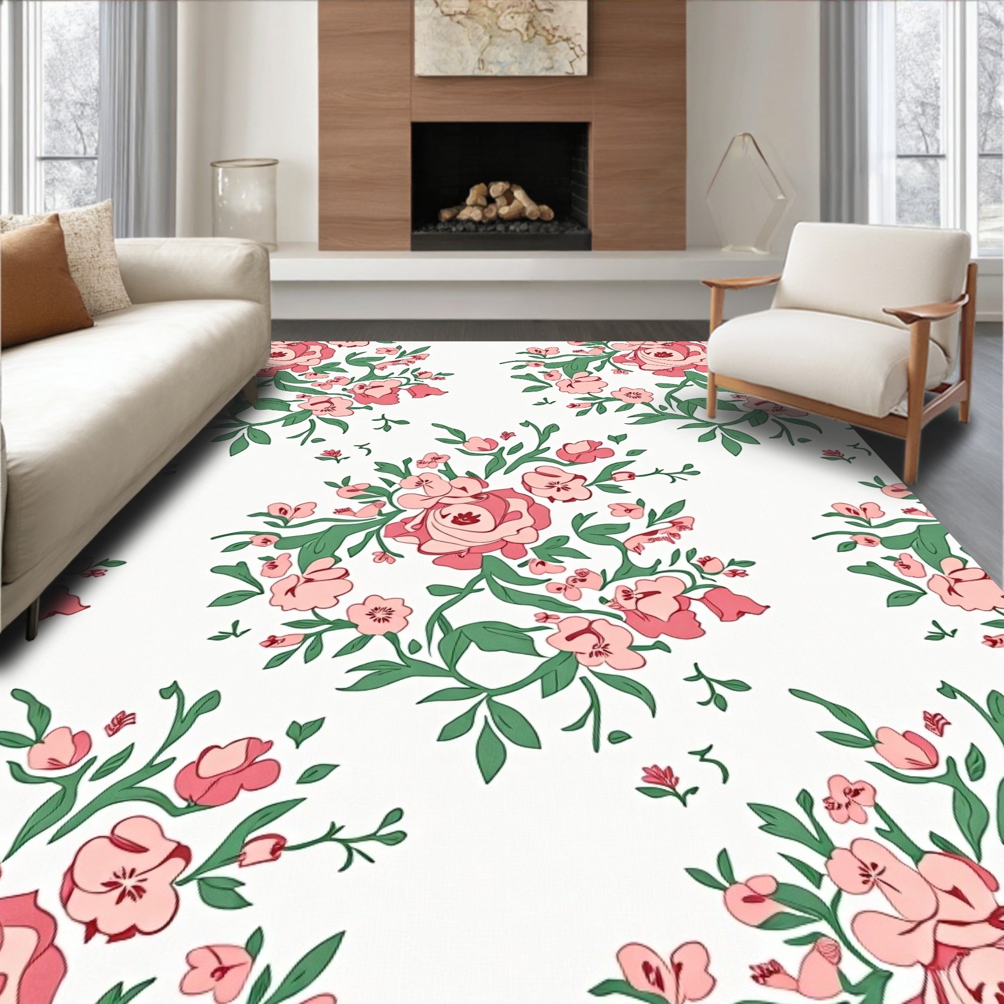 Charming Pink Floral Branch Pattern Rug