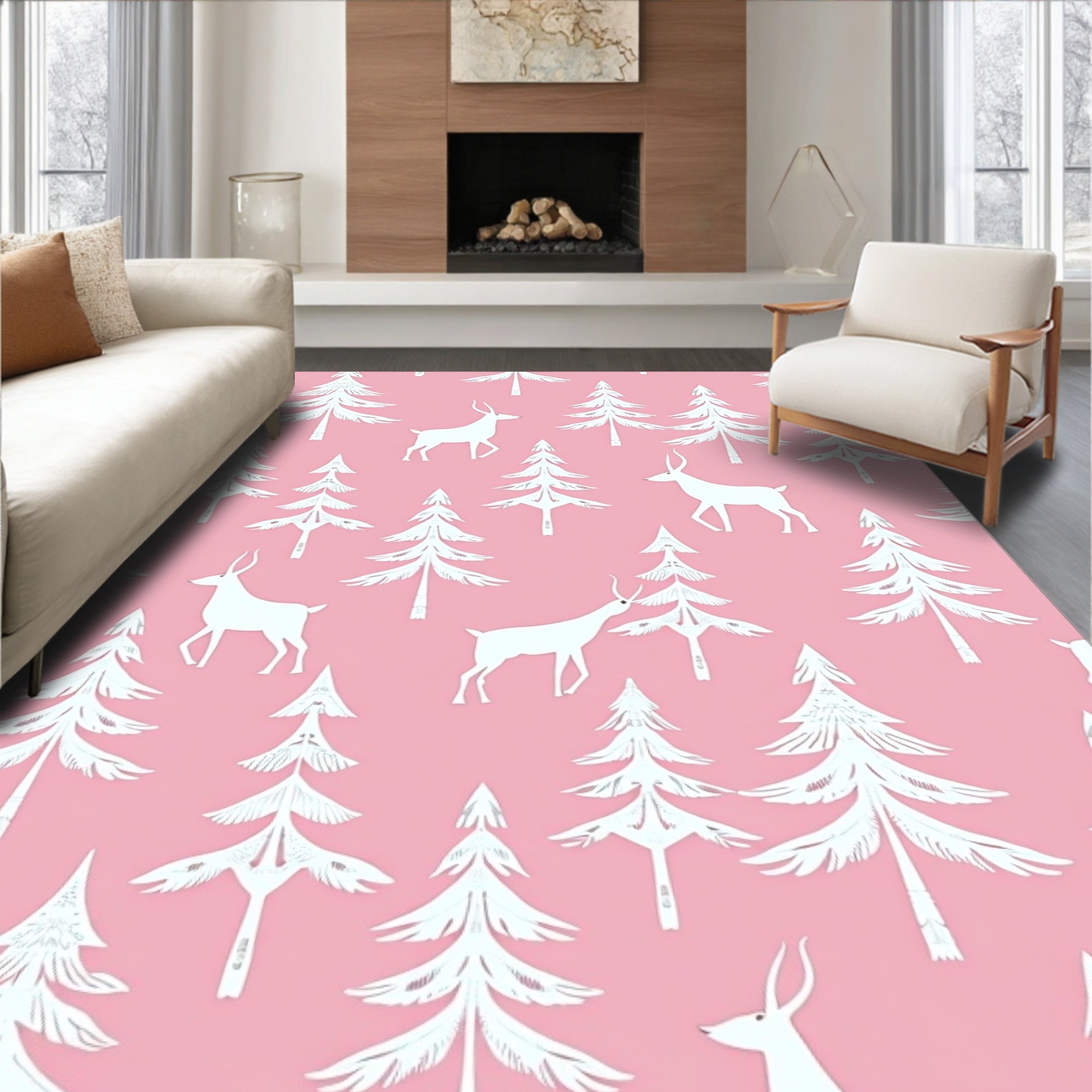 Pink Forest Deer And Pine Trees Rug