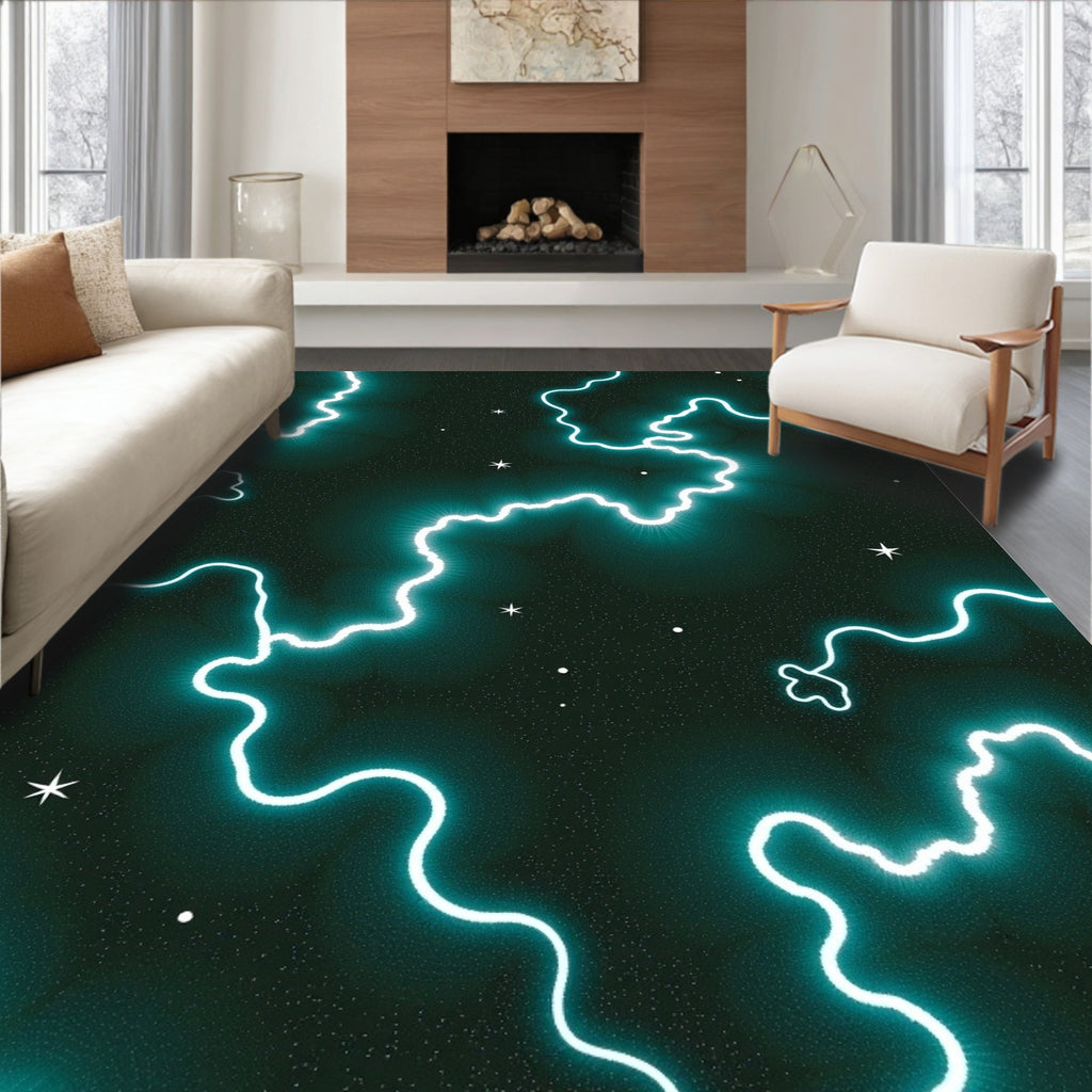 Teal Cosmic Jagged Lightning Stars Rug