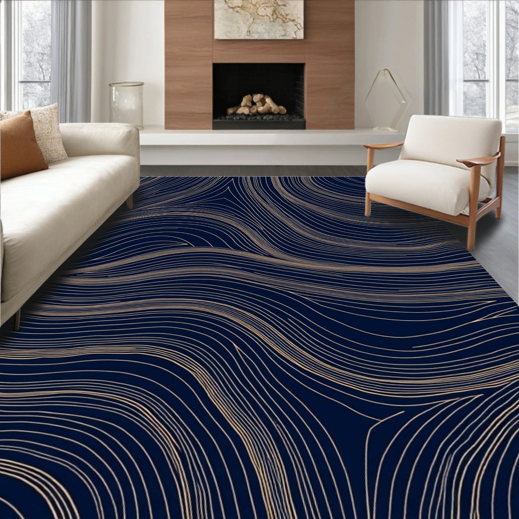 Navy Gold Linear Wave Pattern Rug
