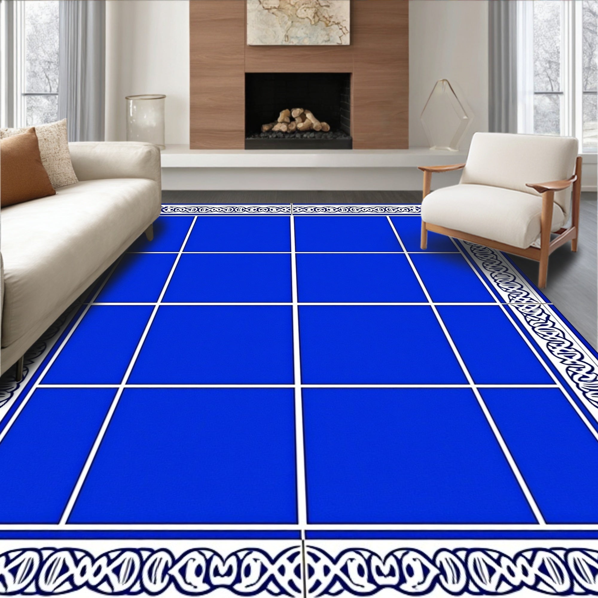 Classic Blue White Geometric Pattern Rug