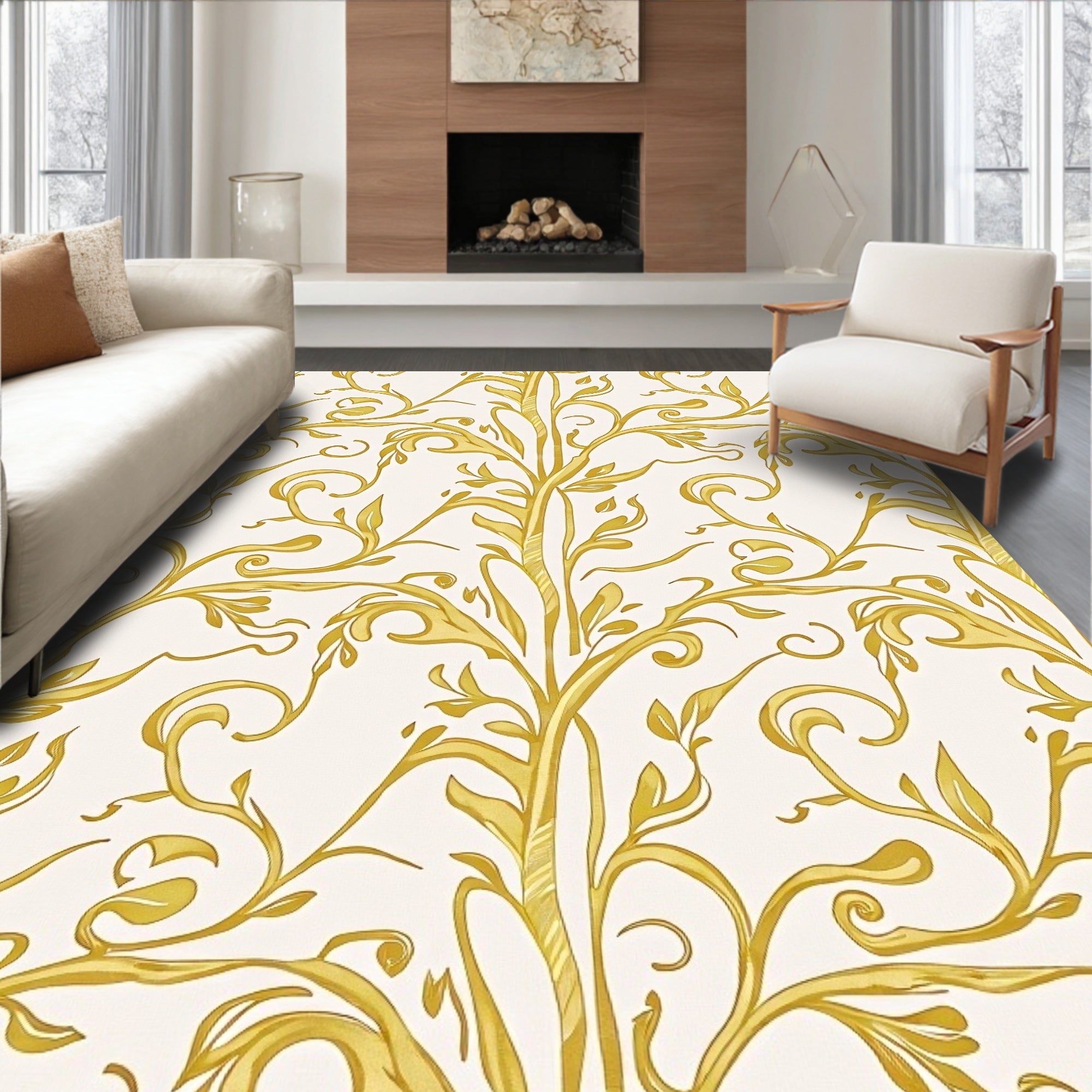 Golden Swirl Vine Pattern Rug