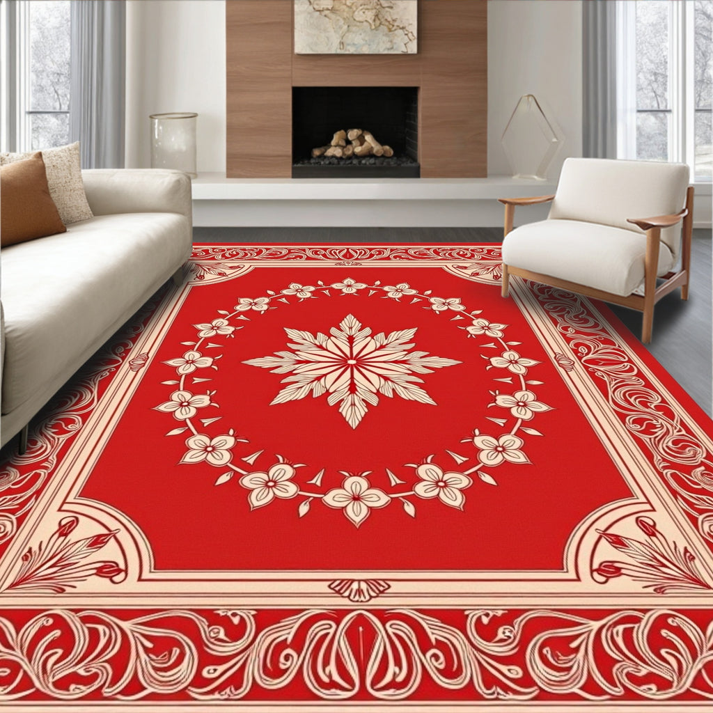 Red Floral Bordered Traditional Design Rug