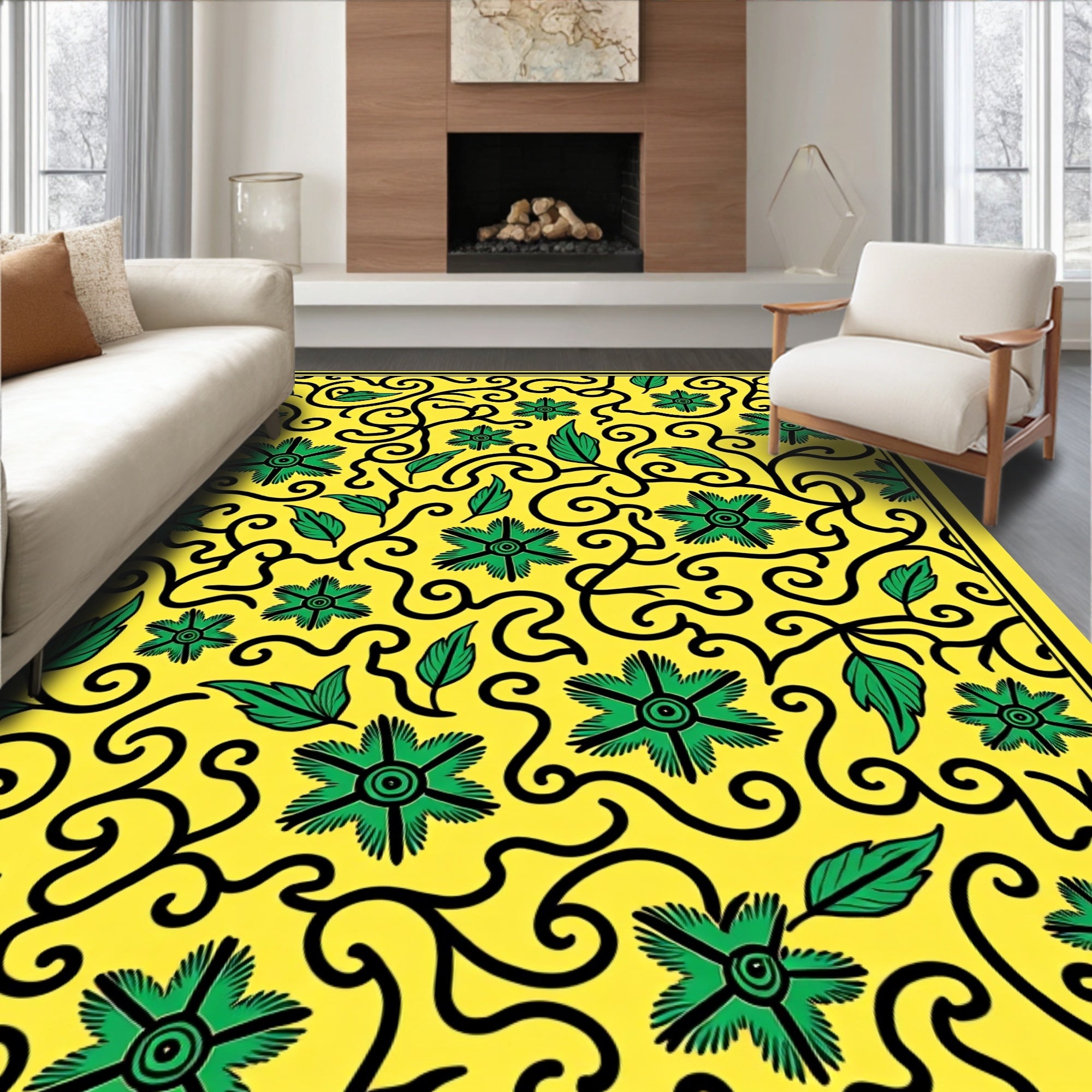 Vibrant Yellow Green Vine Pattern Rug