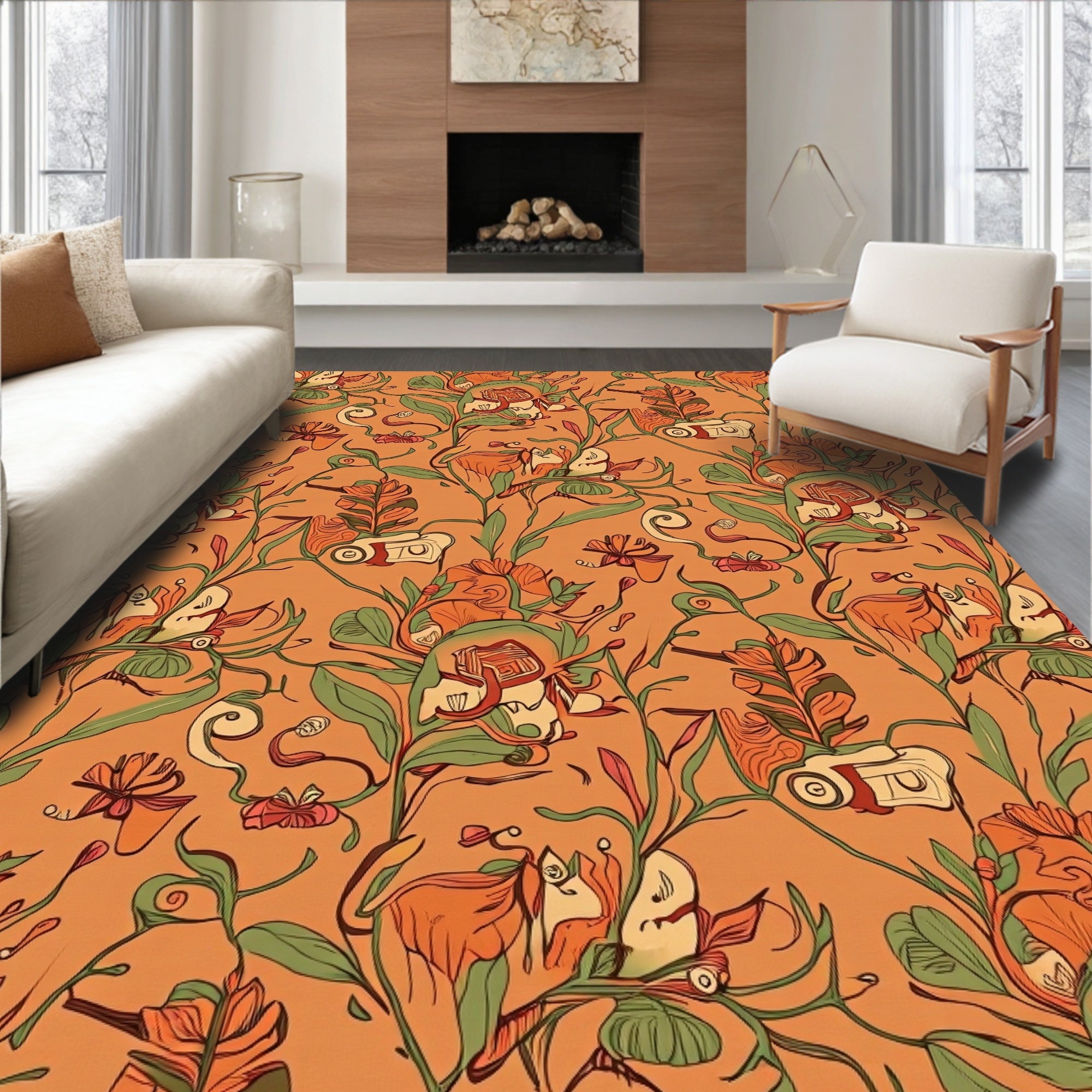 Art Nouveau Floral Vines Orange Rug