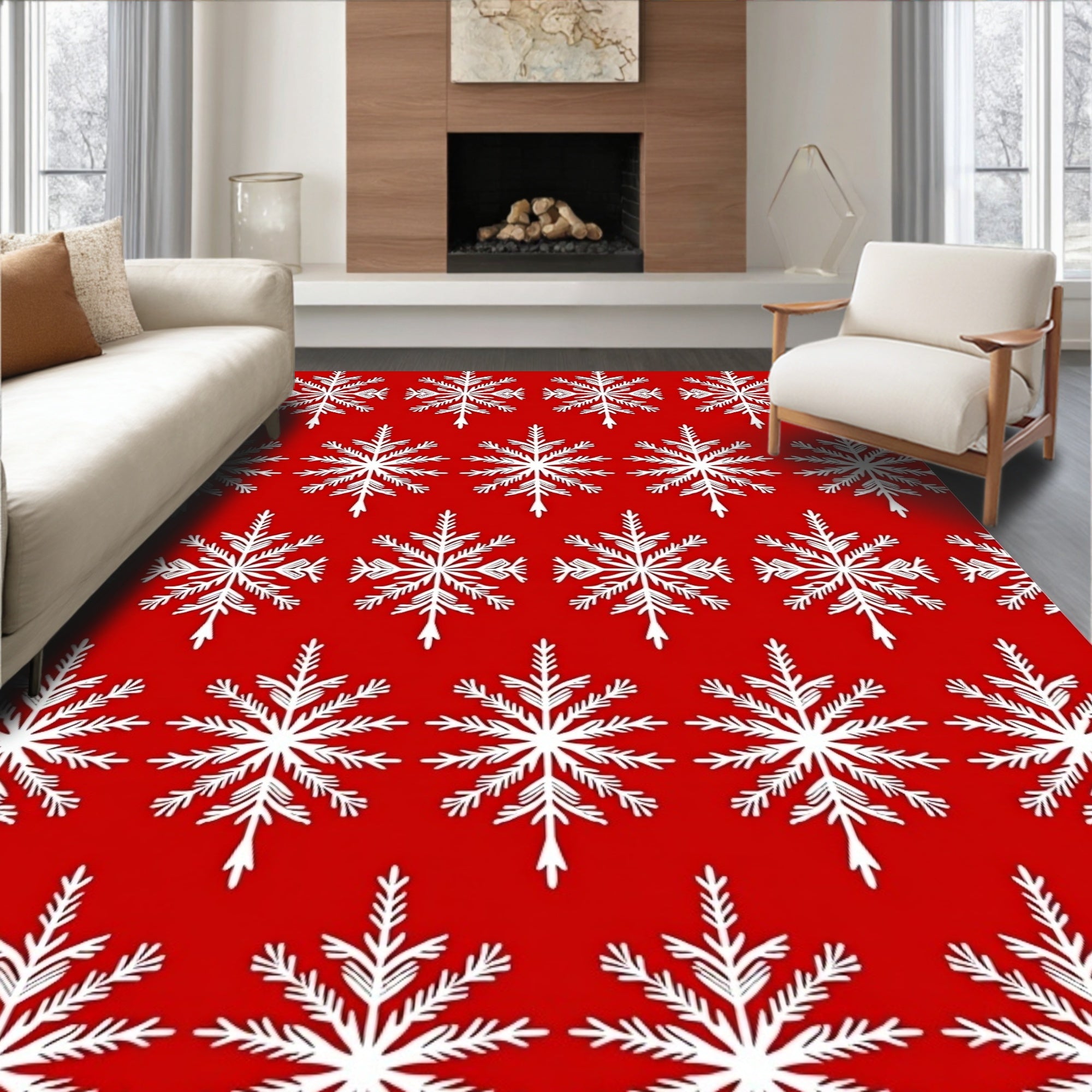 Red White Snowflake Pattern Rug