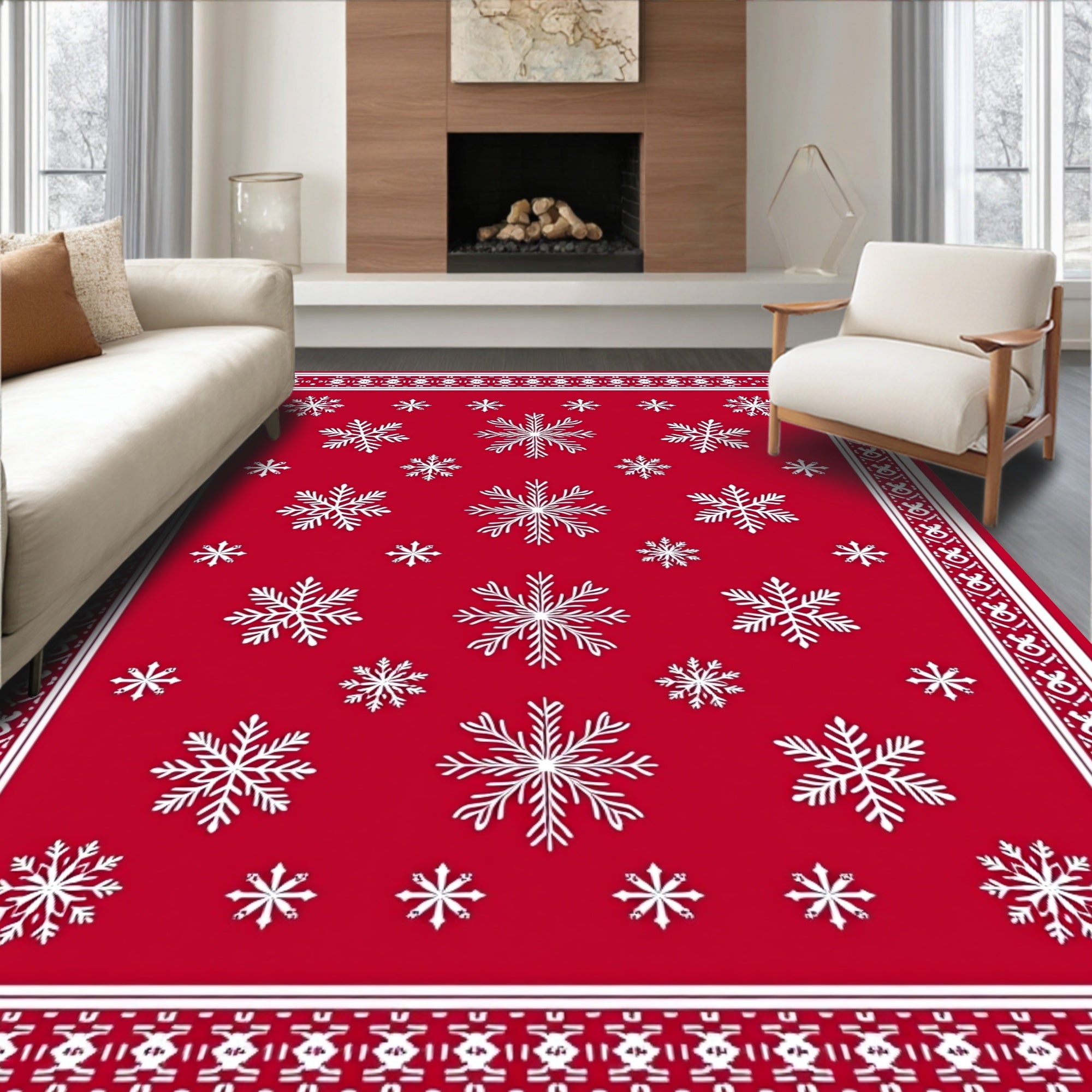 Crimson Snowfall Winter Scene Rug
