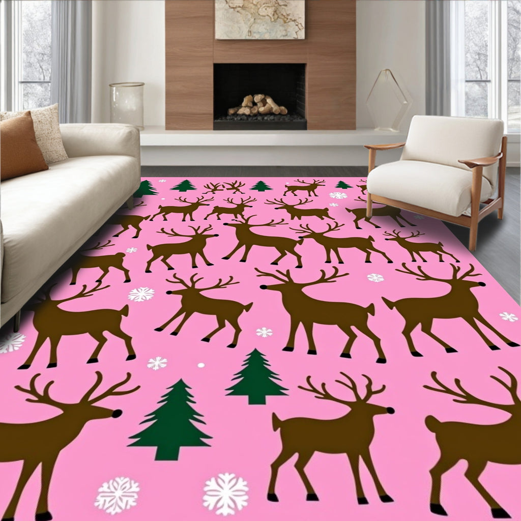 Pink Brown Reindeer Forest Snowflakes Rug
