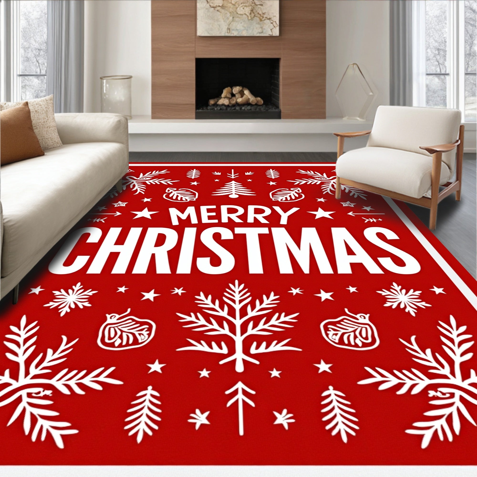 Festive Red Christmas Tree Snowflake Design Rug