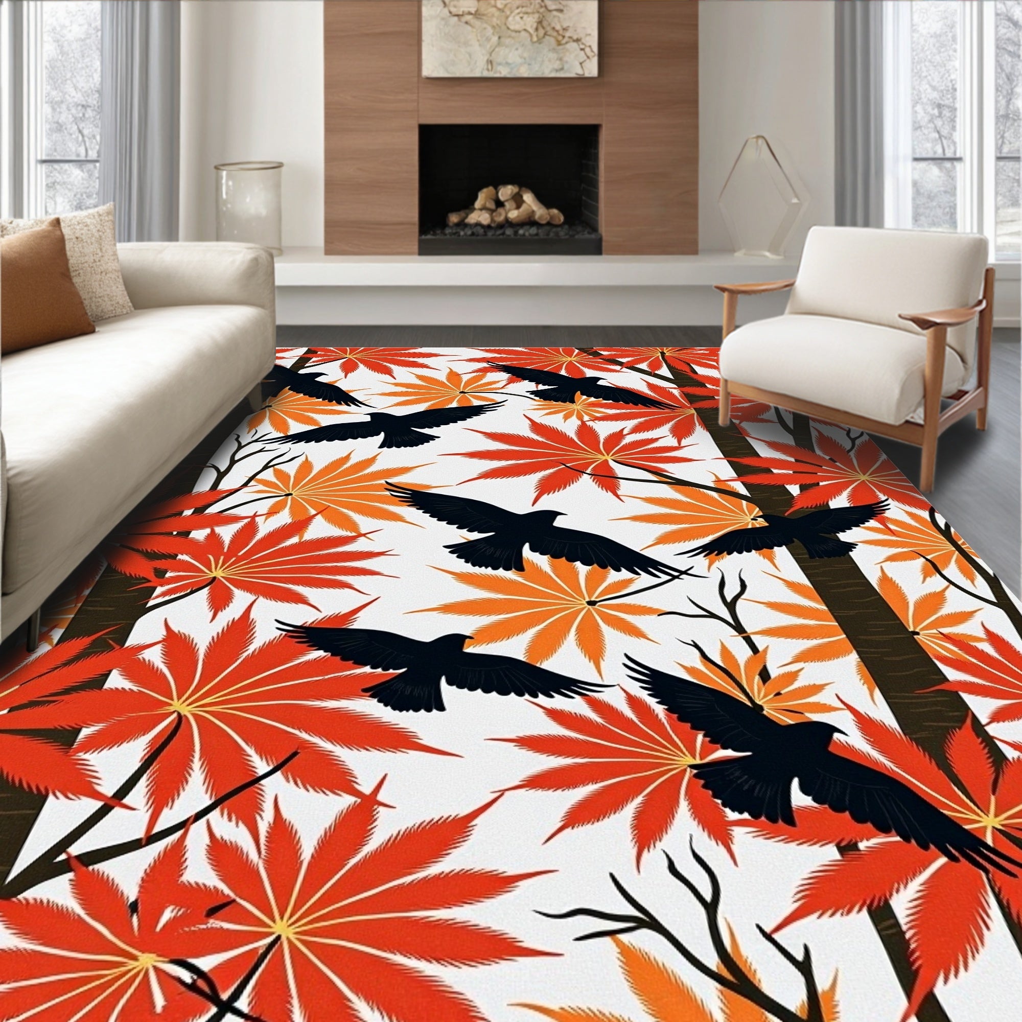 Fall 7 Birds Maple Leaf Pattern Rug