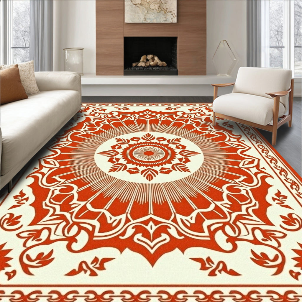 Orange Red Floral Sunburst Ornament Rug