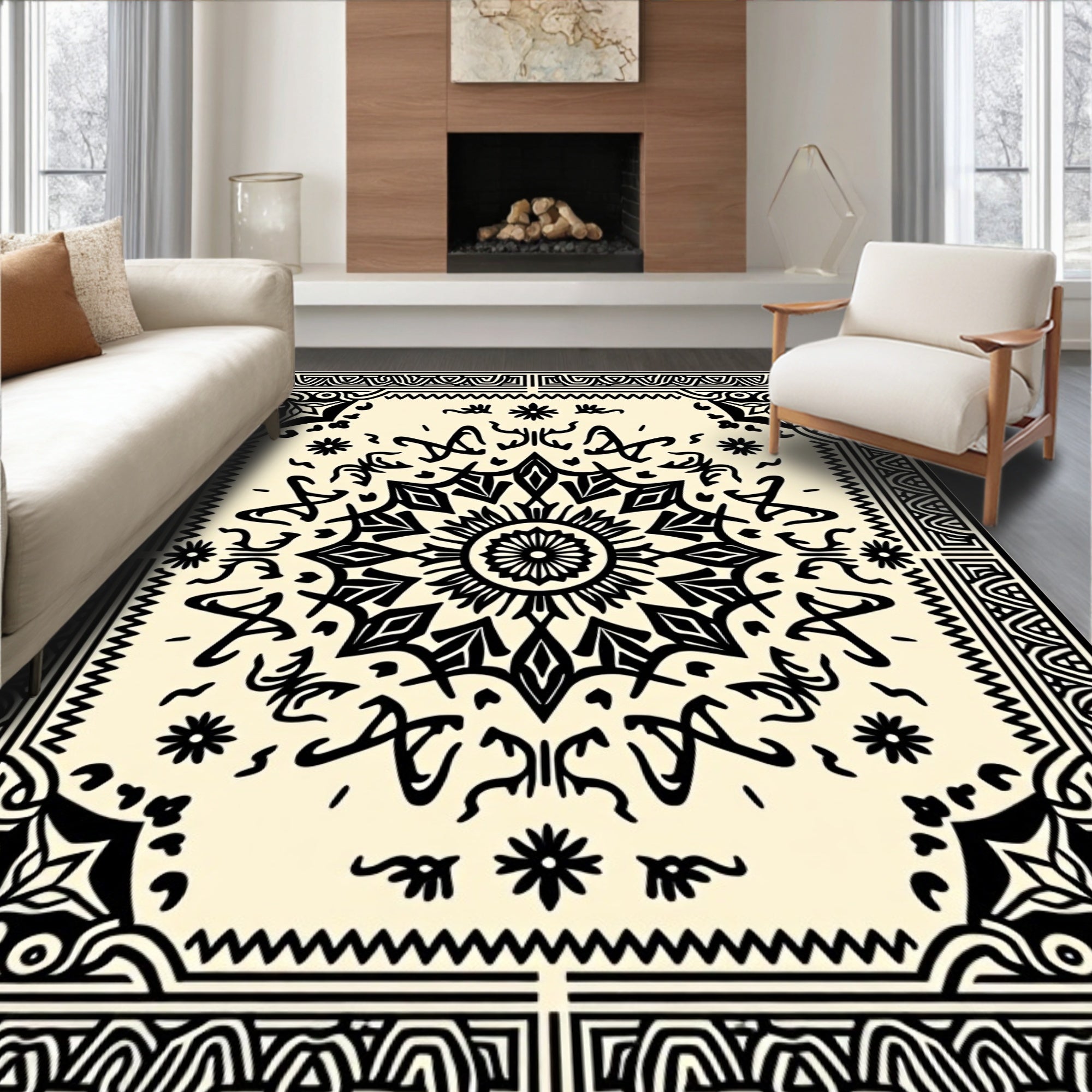 Intricate Black Mandala Damask Pattern Rug