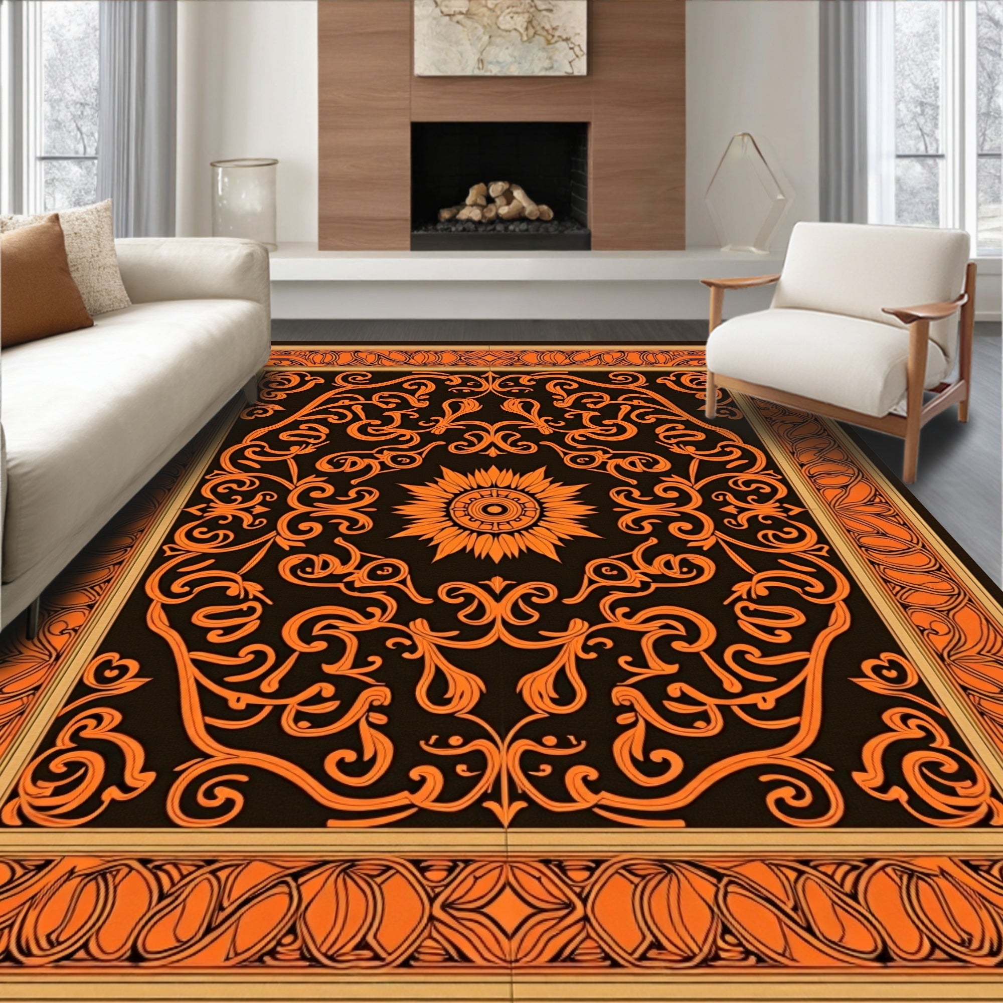 Orange Floral Scrollwork with Sunburst Rug