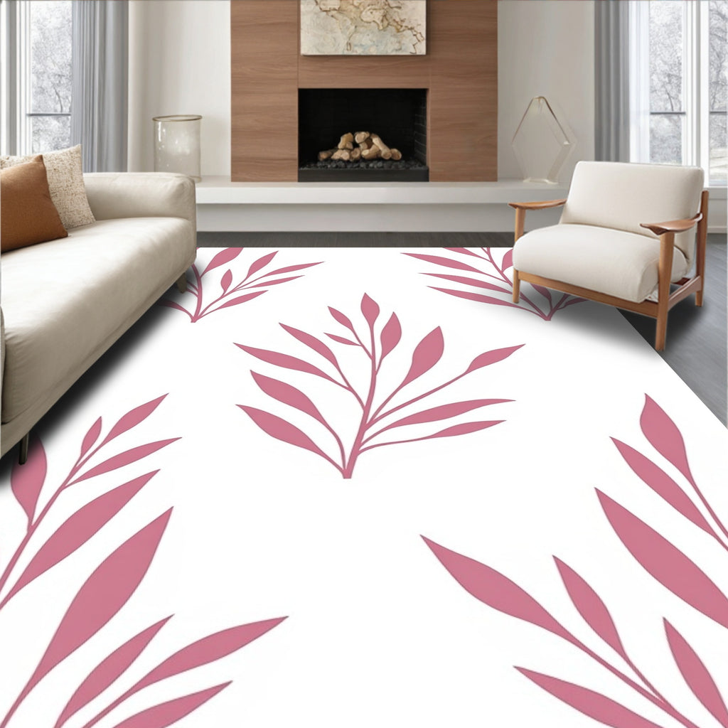 Modern Pink Leafy Branch Pattern Rug