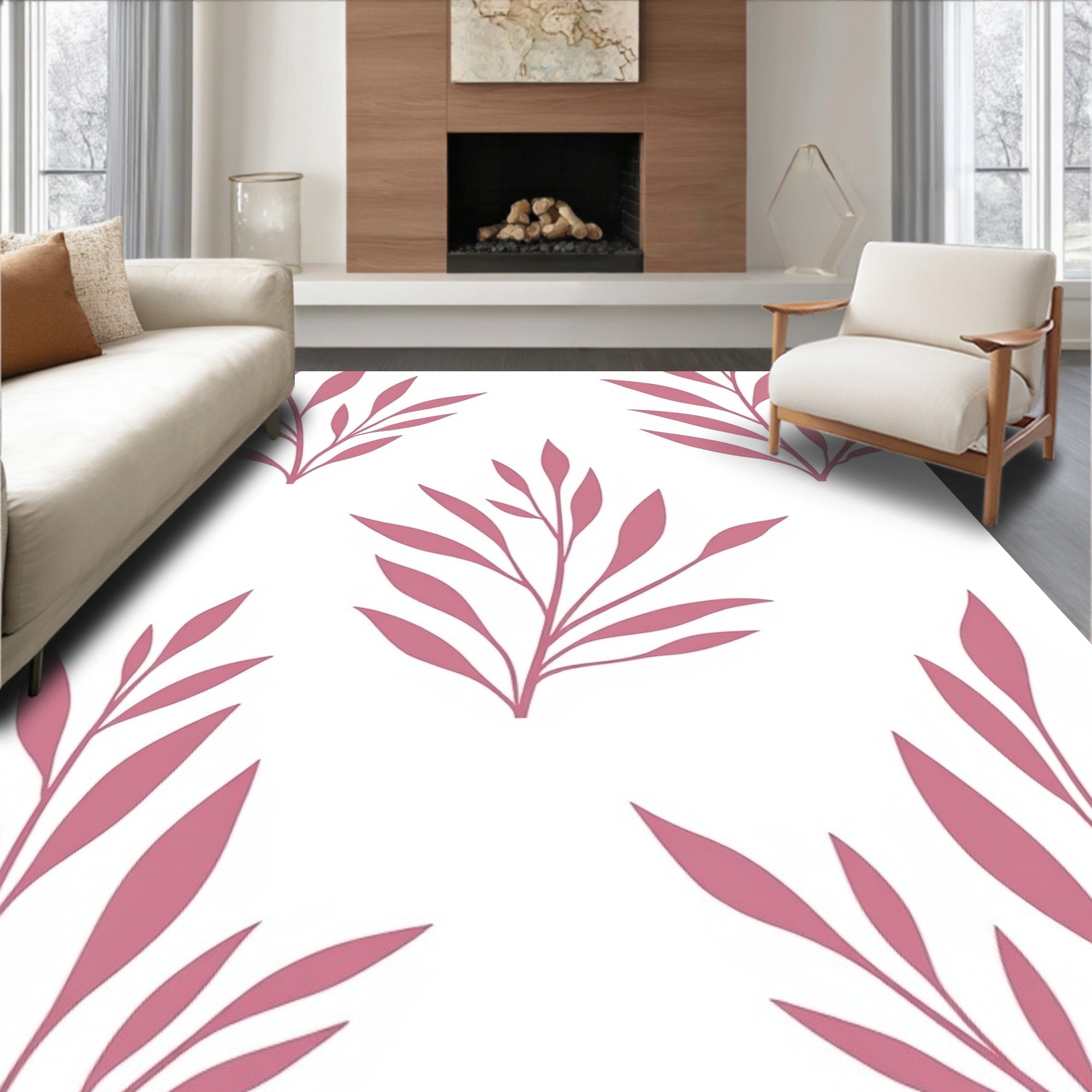 Modern Pink Leafy Branch Pattern Rug
