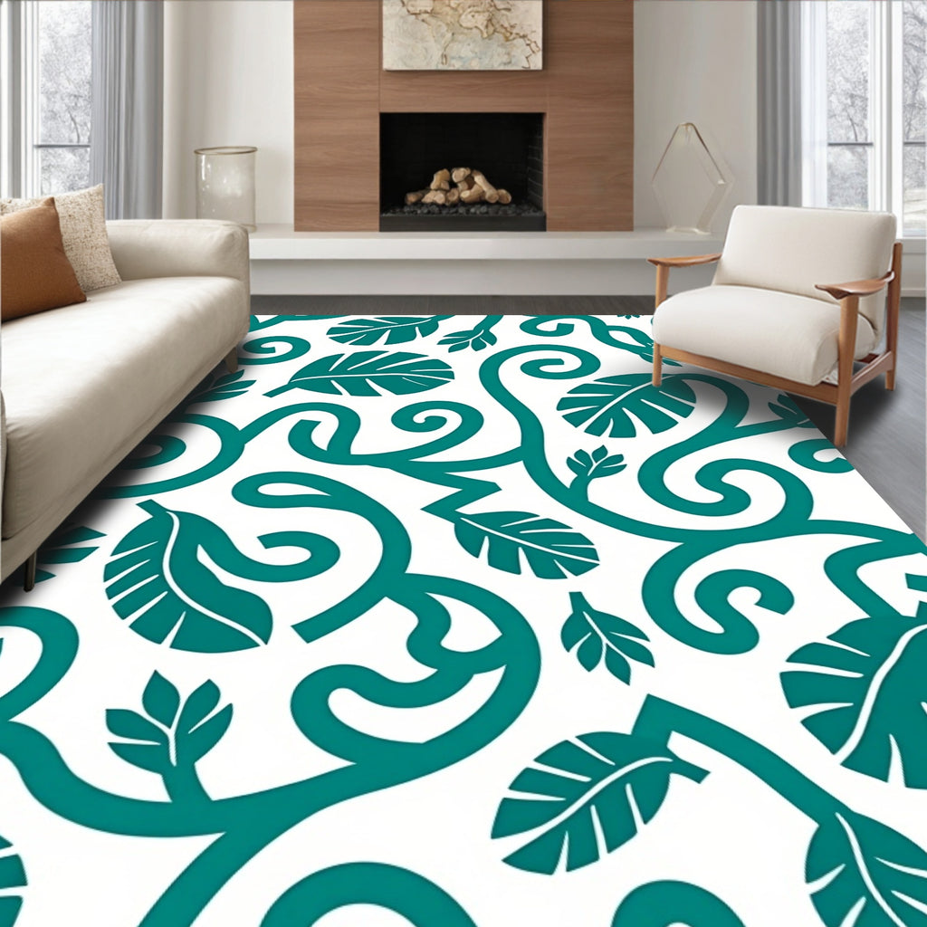 Teal Leafy Vine Swirl pattern Rug