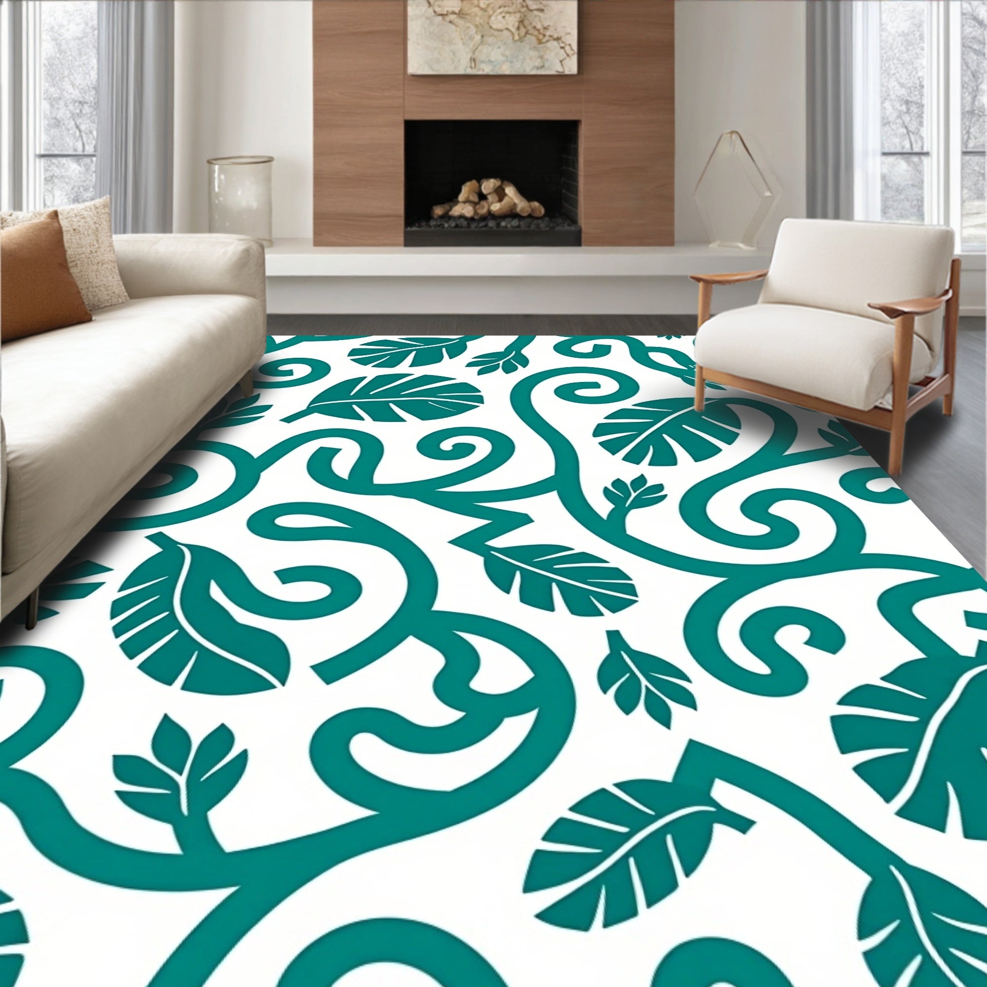 Teal Leafy Vine Swirl pattern Rug