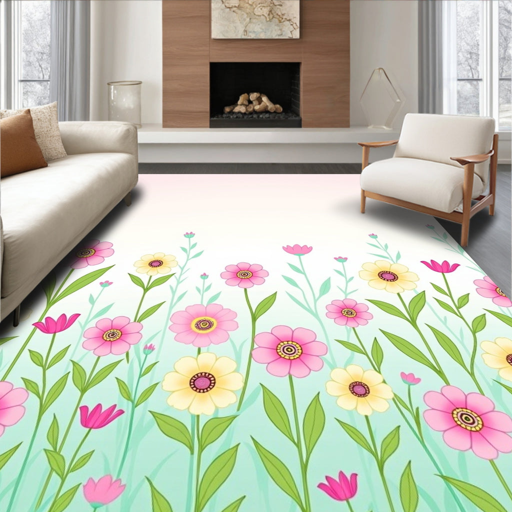 Pink Yellow Floral Meadow Design Rug
