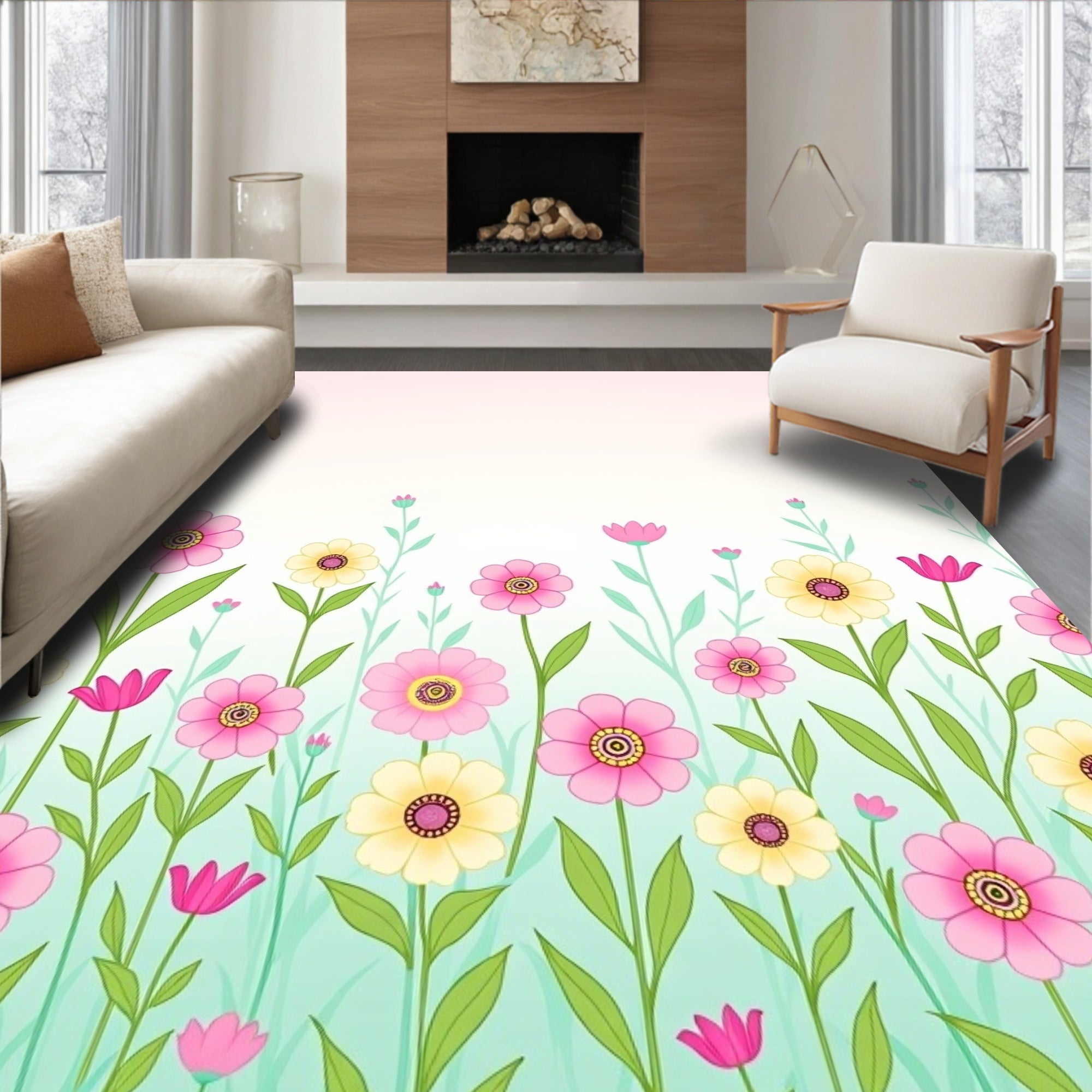 Pink Yellow Floral Meadow Design Rug