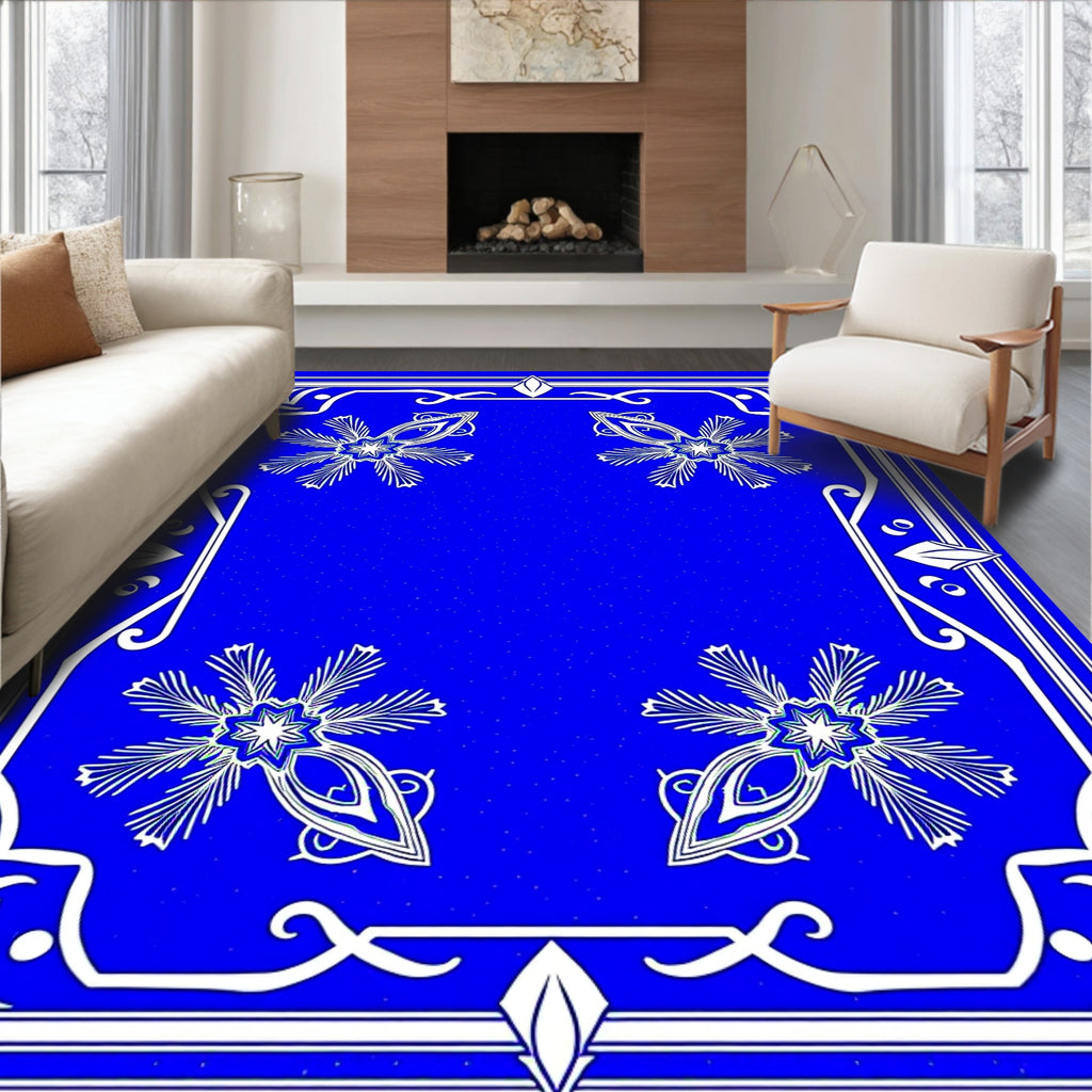 Royal Blue White Floral Medallion Border Rug