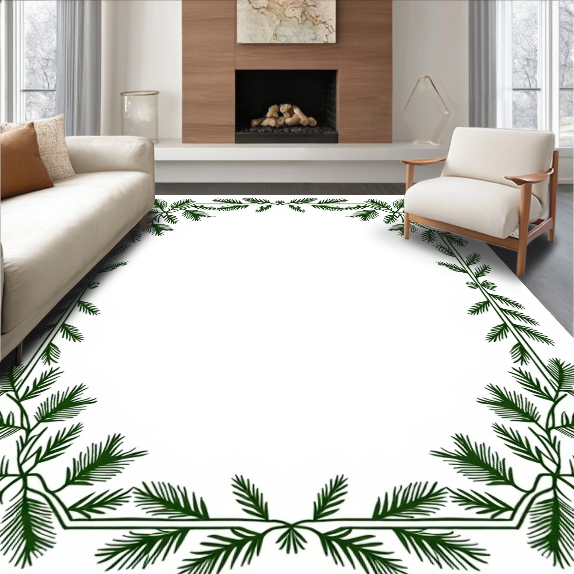 Green Pine Branch Elegant Border Rug