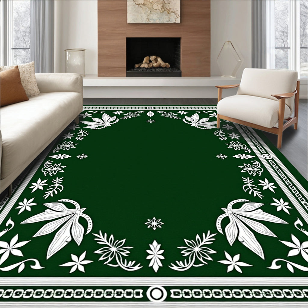 Dark Green Floral Patterned Art Rug