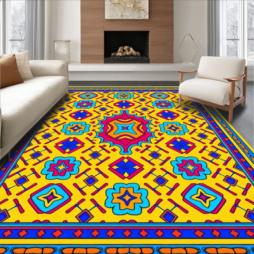 Vibrant Yellow Geometric Floral Pattern Rug