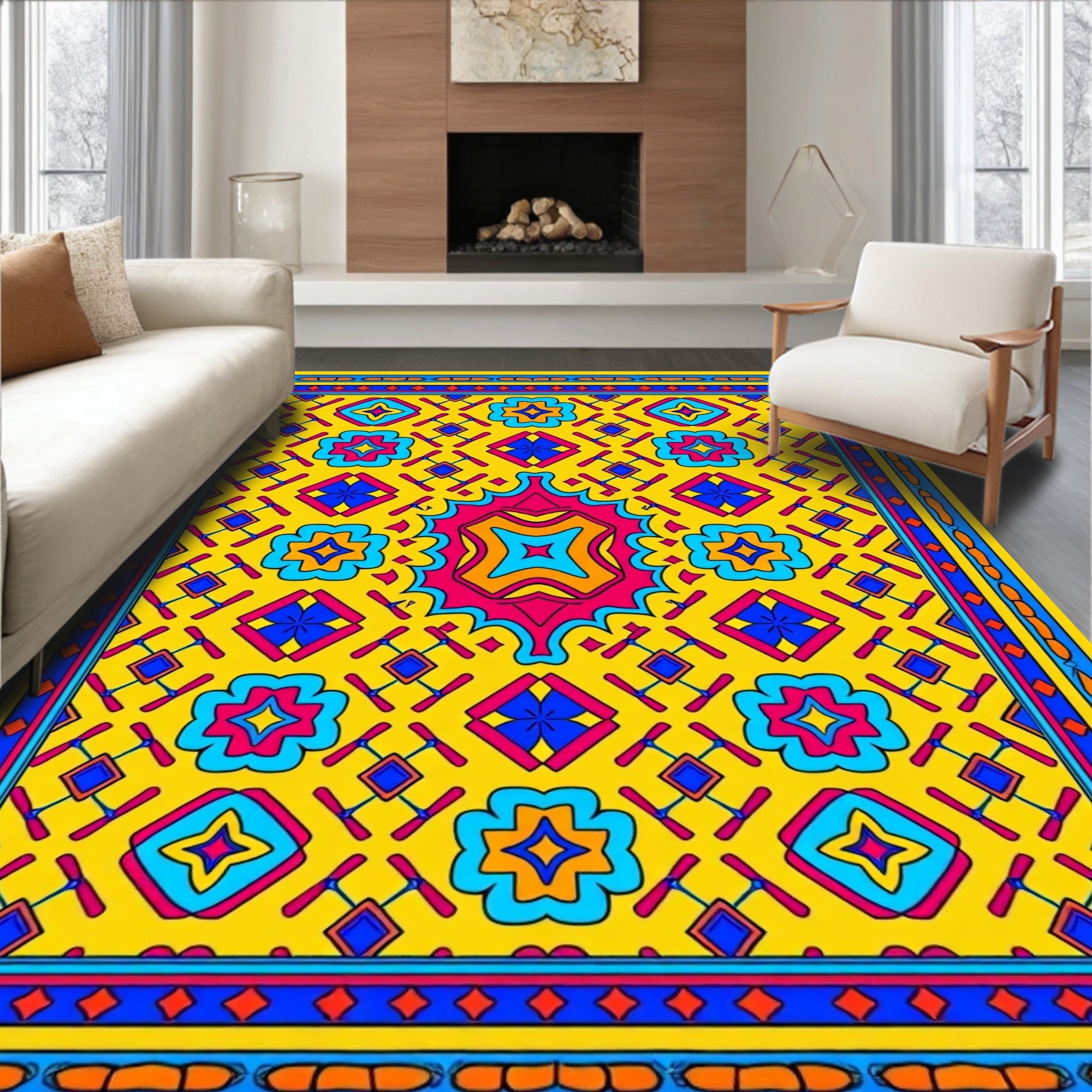 Vibrant Yellow Geometric Floral Pattern Rug