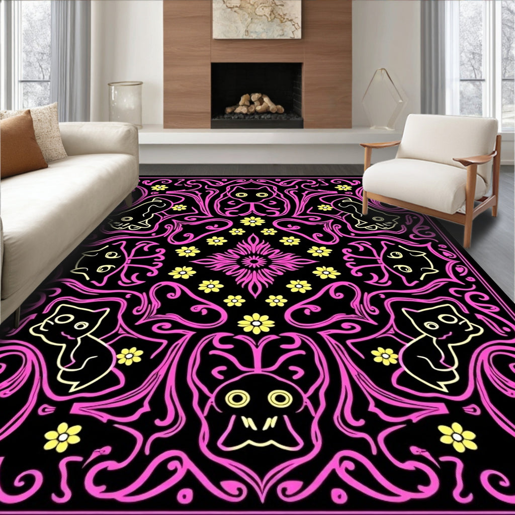 Whimsical Cat Floral Symmetry Rug