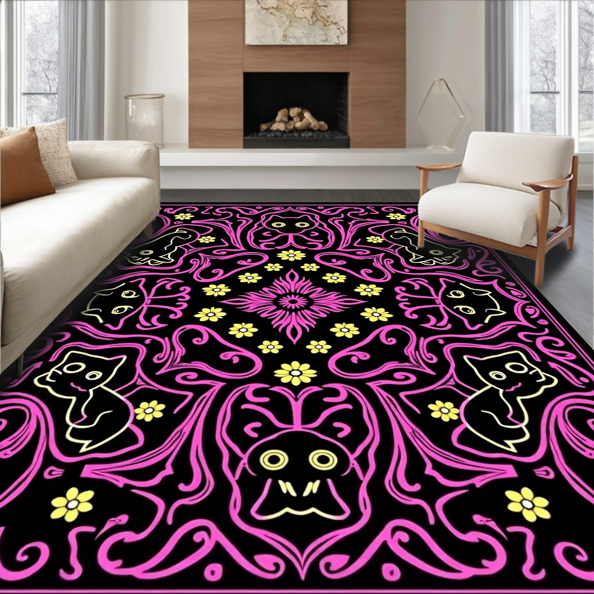 Whimsical Cat Floral Symmetry Rug