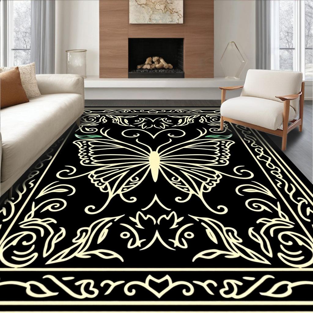 Elegant Outline Butterfly Floral Design Rug