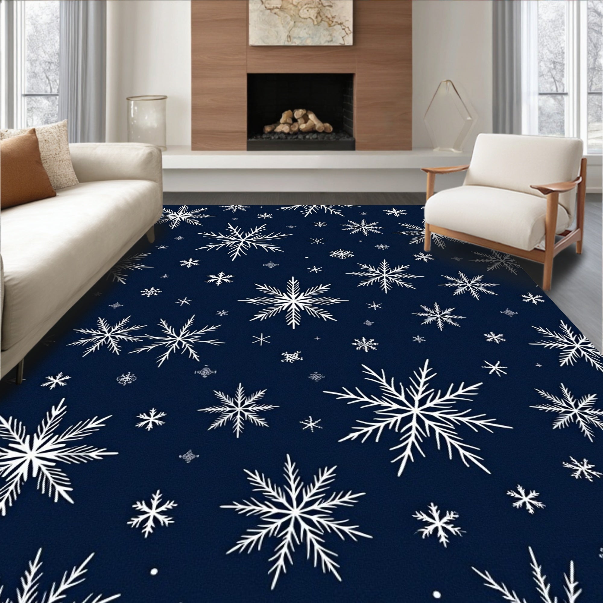 White Snowflake Pattern On Navy Background Rug