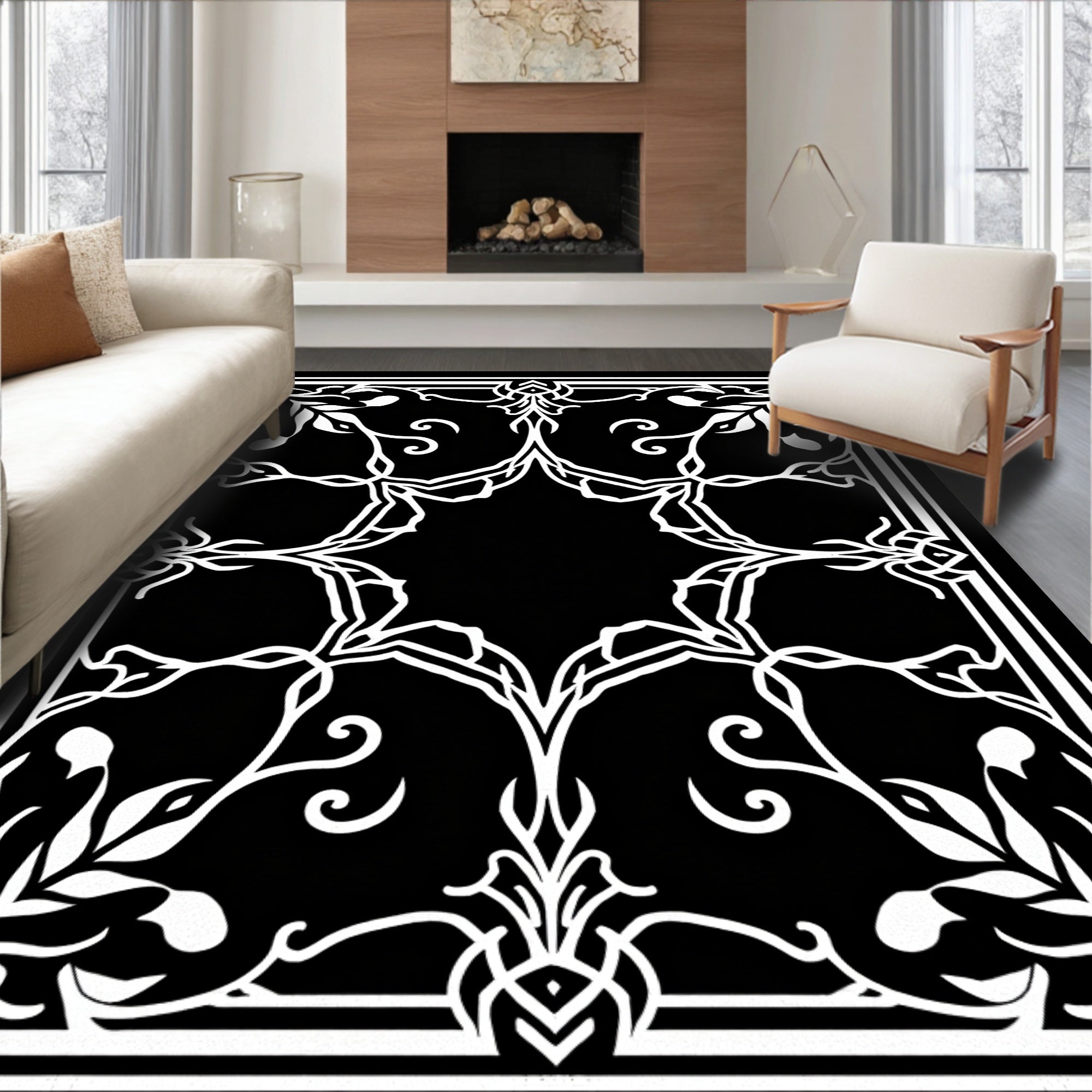 Intricate White Floral Scroll Pattern Rug