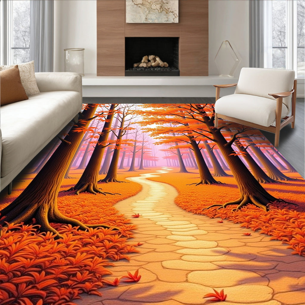 Orange Autumn Forest Path Design Rug