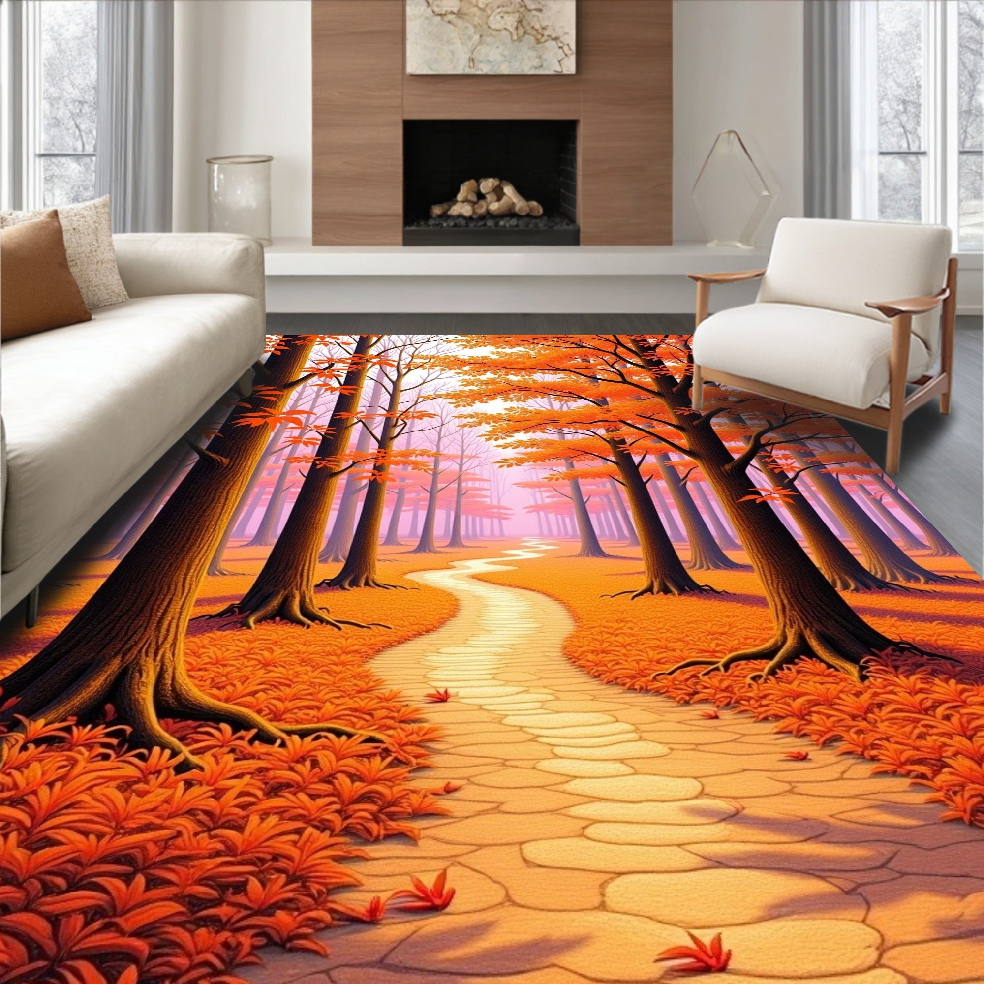 Orange Autumn Forest Path Design Rug