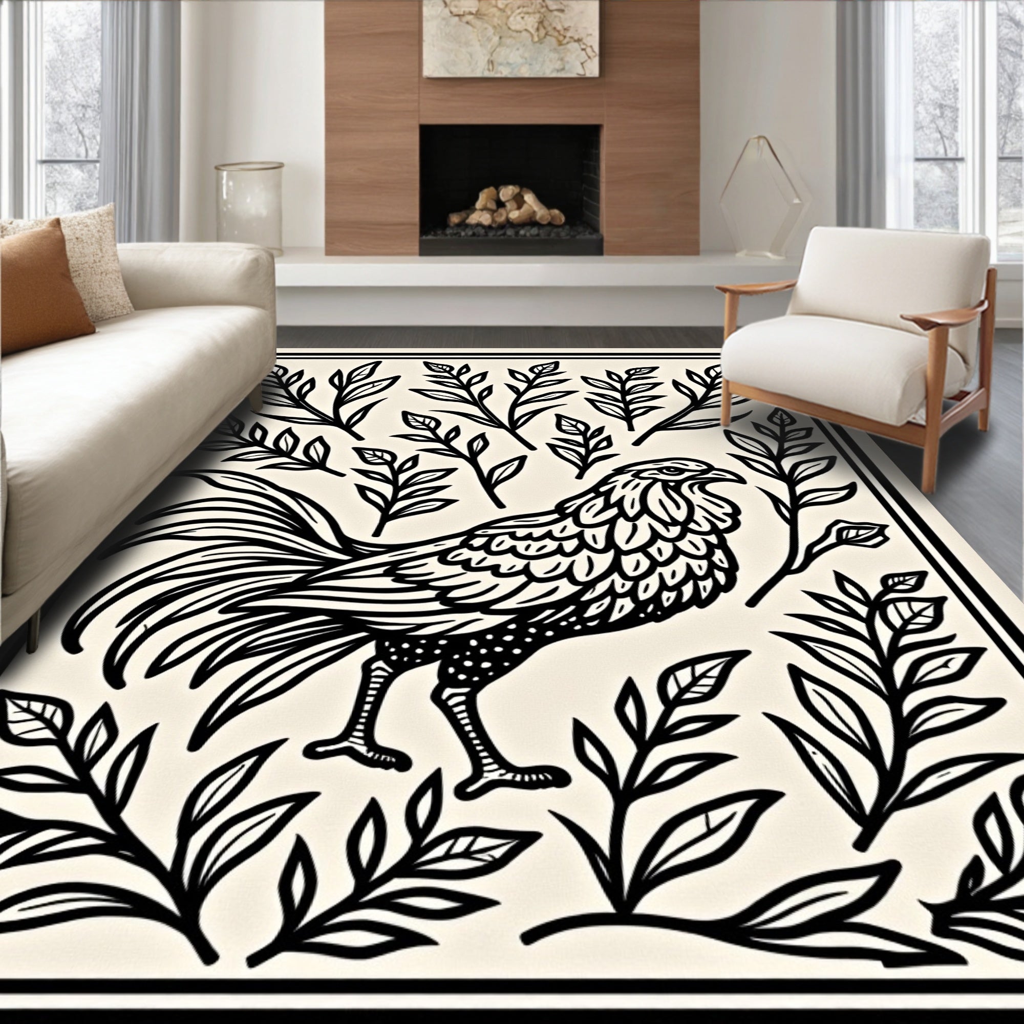 Bold Rooster Floral Line Art Rug