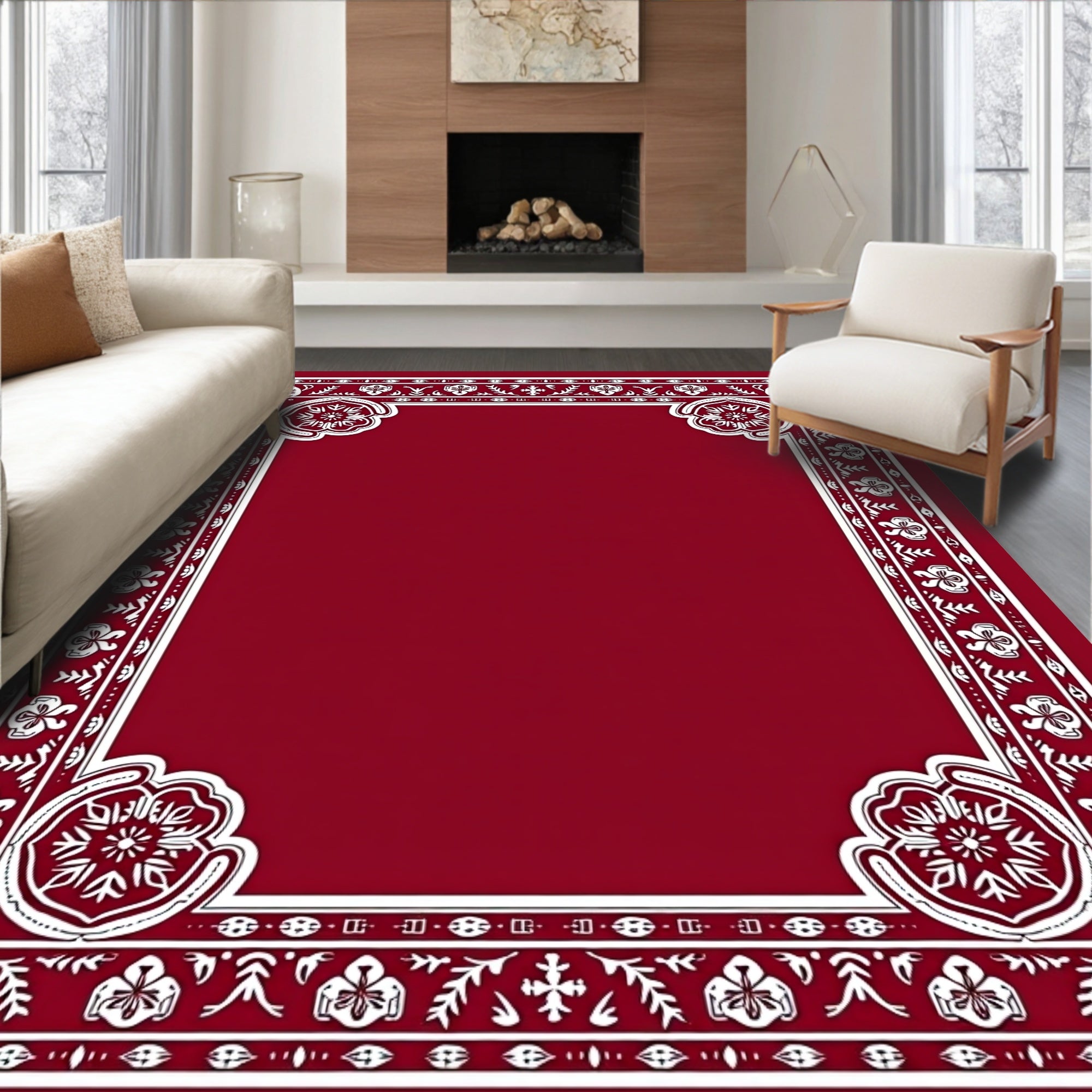 Red Floral With White Border Design Rug
