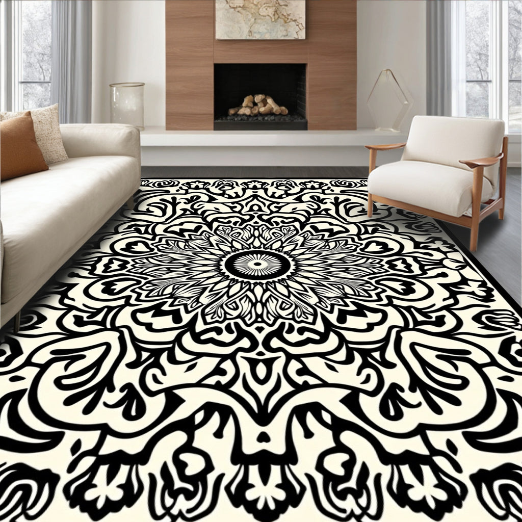 Intricate Mandala Floral Black White Pattern Rug