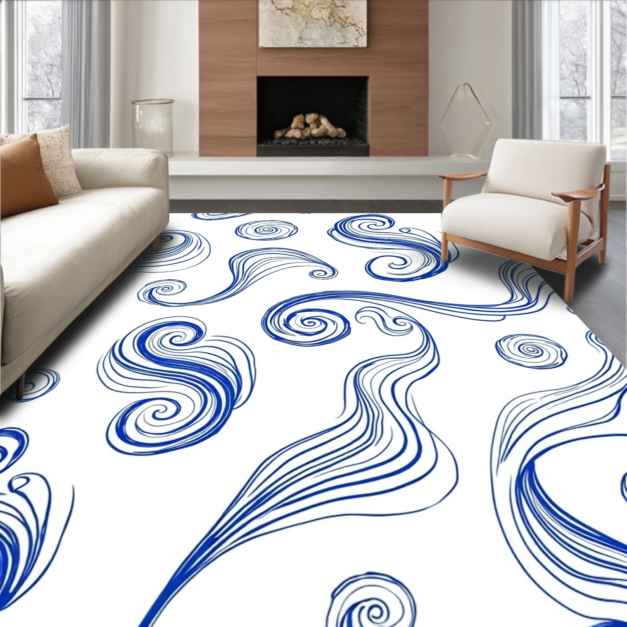 Blue Swirls Abstract Waves Design Rug