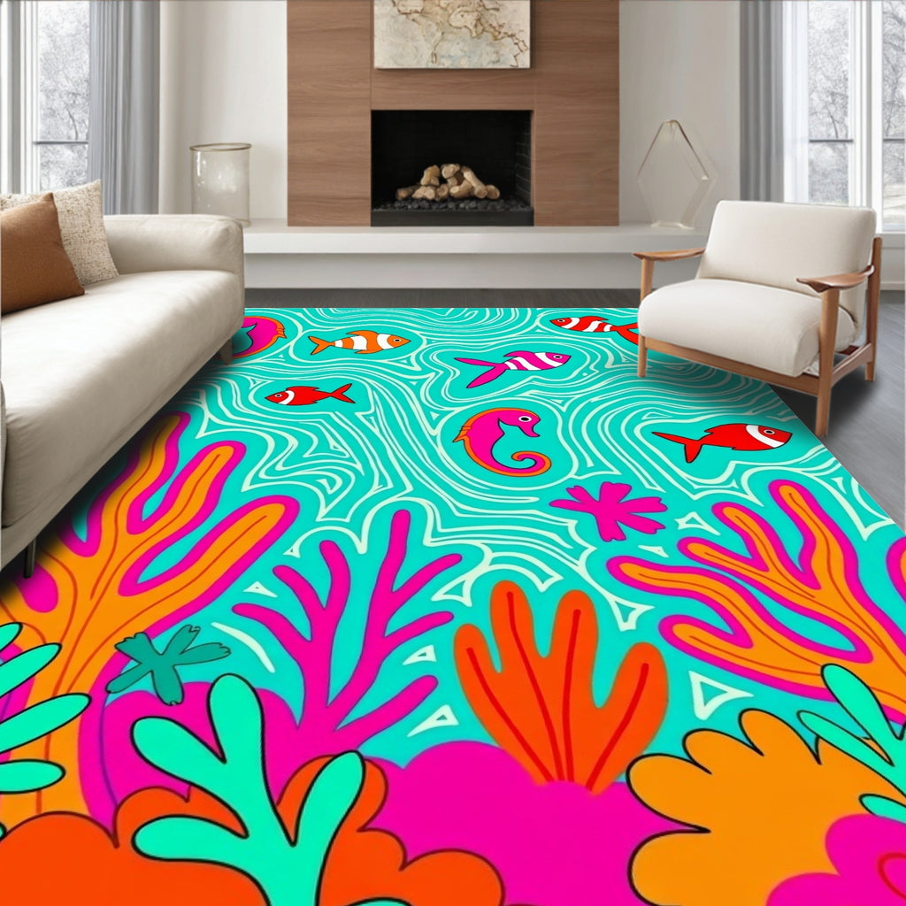Vibrant Aquatic Life Coral Pattern Rug