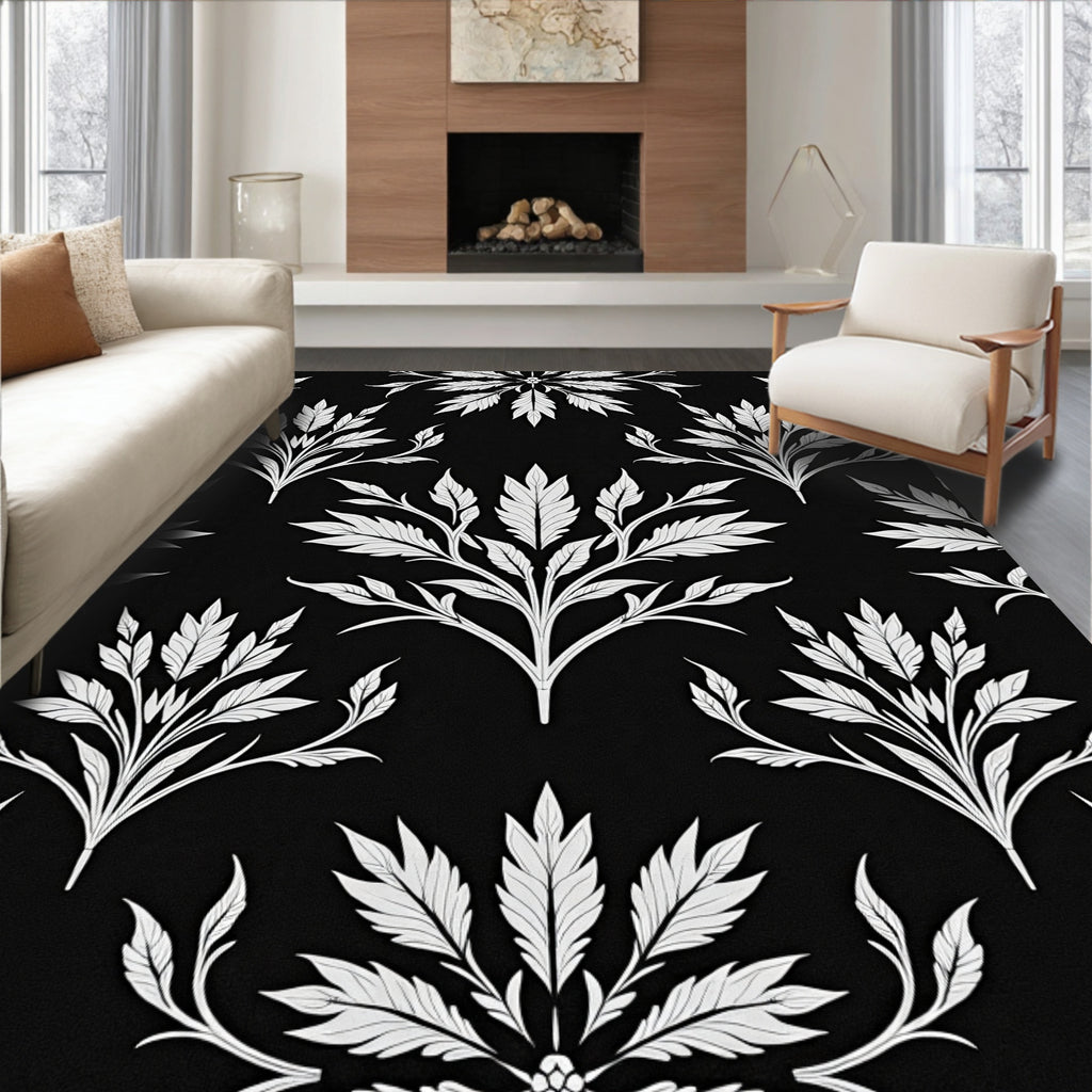 Elegant White Floral Black Pattern Rug
