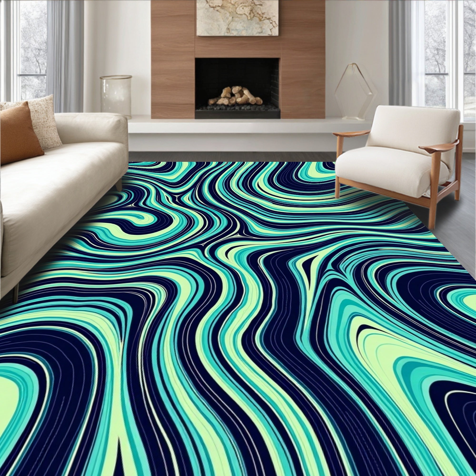 Abstract Aqua Swirl Pattern Rug