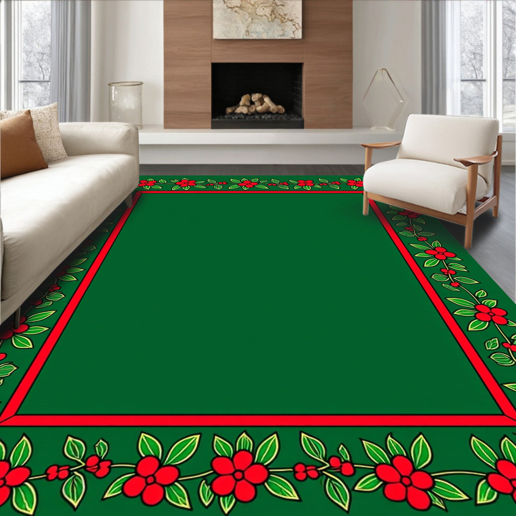 Red Flower Green Borders Rug